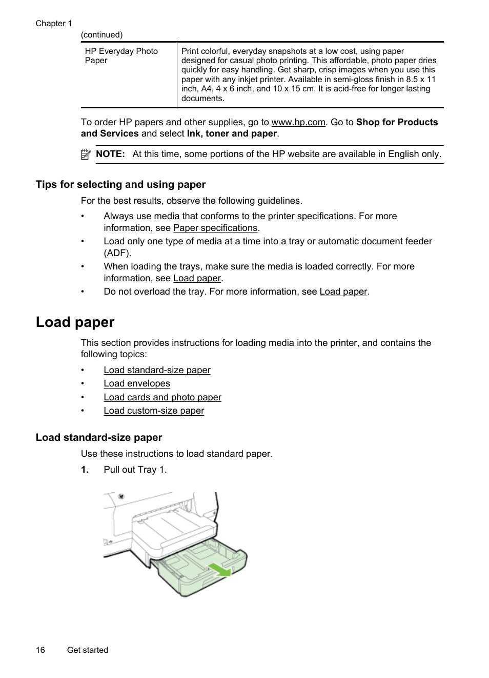 Tips for selecting and using paper, Load paper, Load standard-size paper | Oad envelopes, Oad cards and photo paper, Oad custom-size paper | HP Officejet Pro 251dw Printer series User Manual | Page 20 / 150