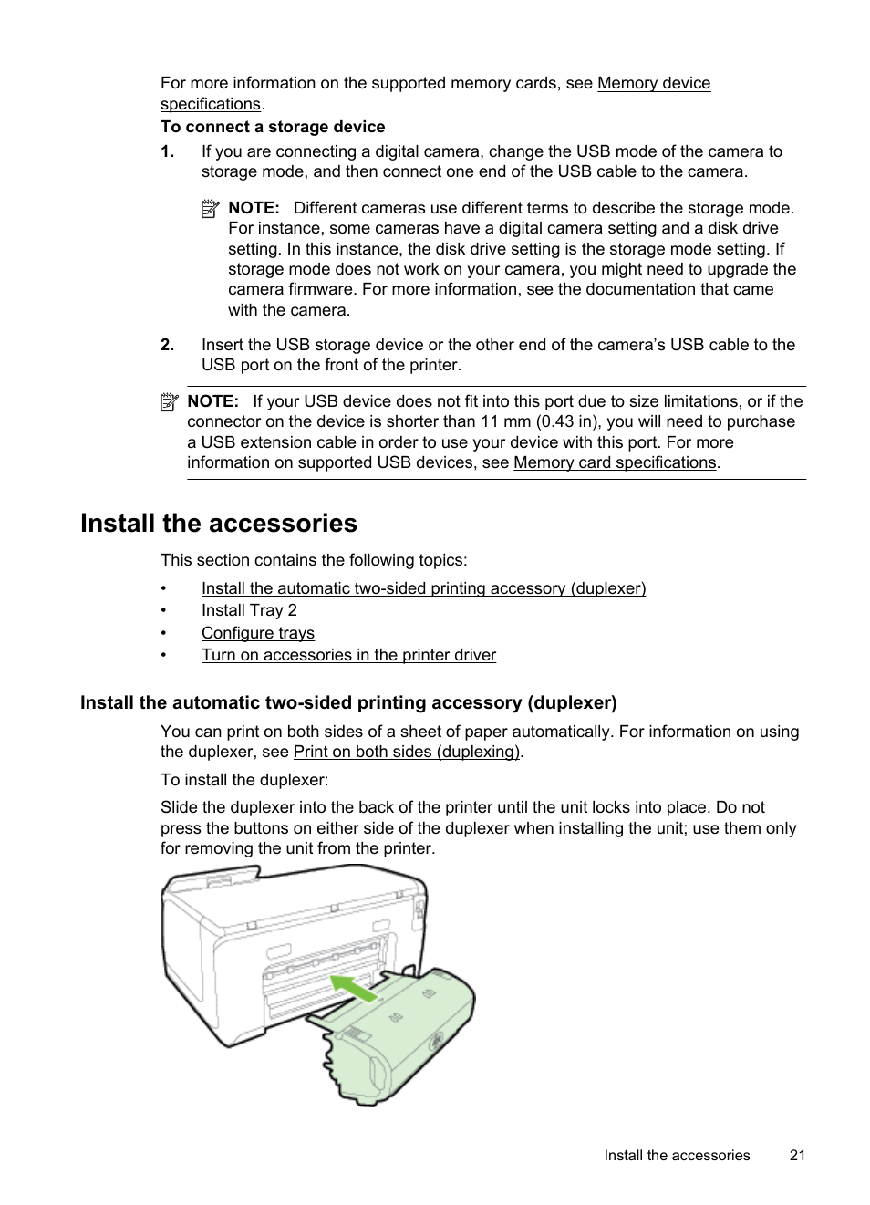 Install the accessories, Nstall tray 2 configure trays, Urn on accessories in the printer driver | HP Officejet Pro 251dw Printer series User Manual | Page 25 / 150