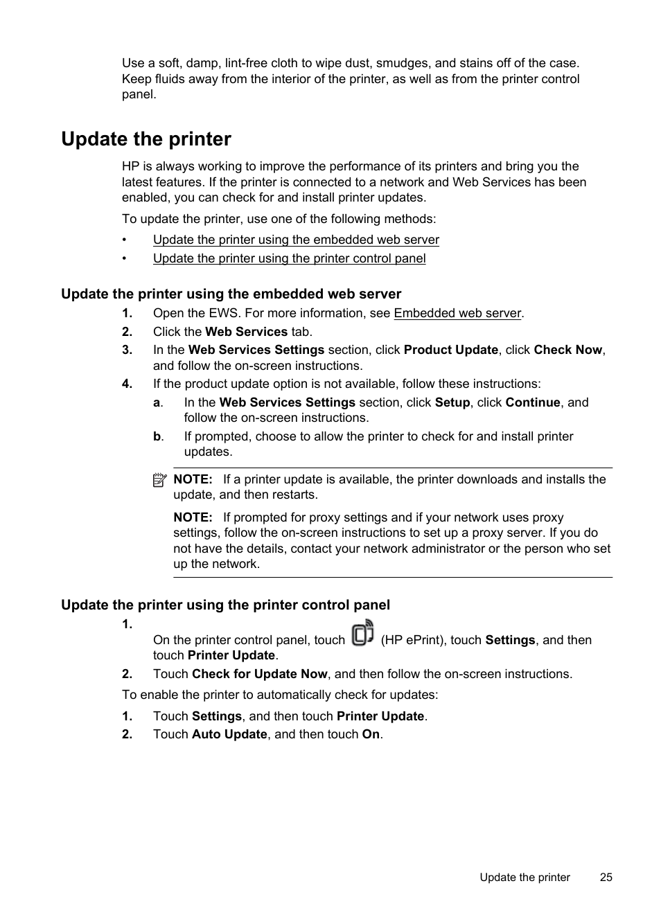 Update the printer, Update the printer using the embedded web server, Update the printer using the printer control panel | HP Officejet Pro 251dw Printer series User Manual | Page 29 / 150