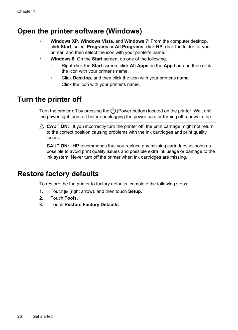 Open the printer software (windows), Turn the printer off, Restore factory defaults | HP Officejet Pro 251dw Printer series User Manual | Page 30 / 150