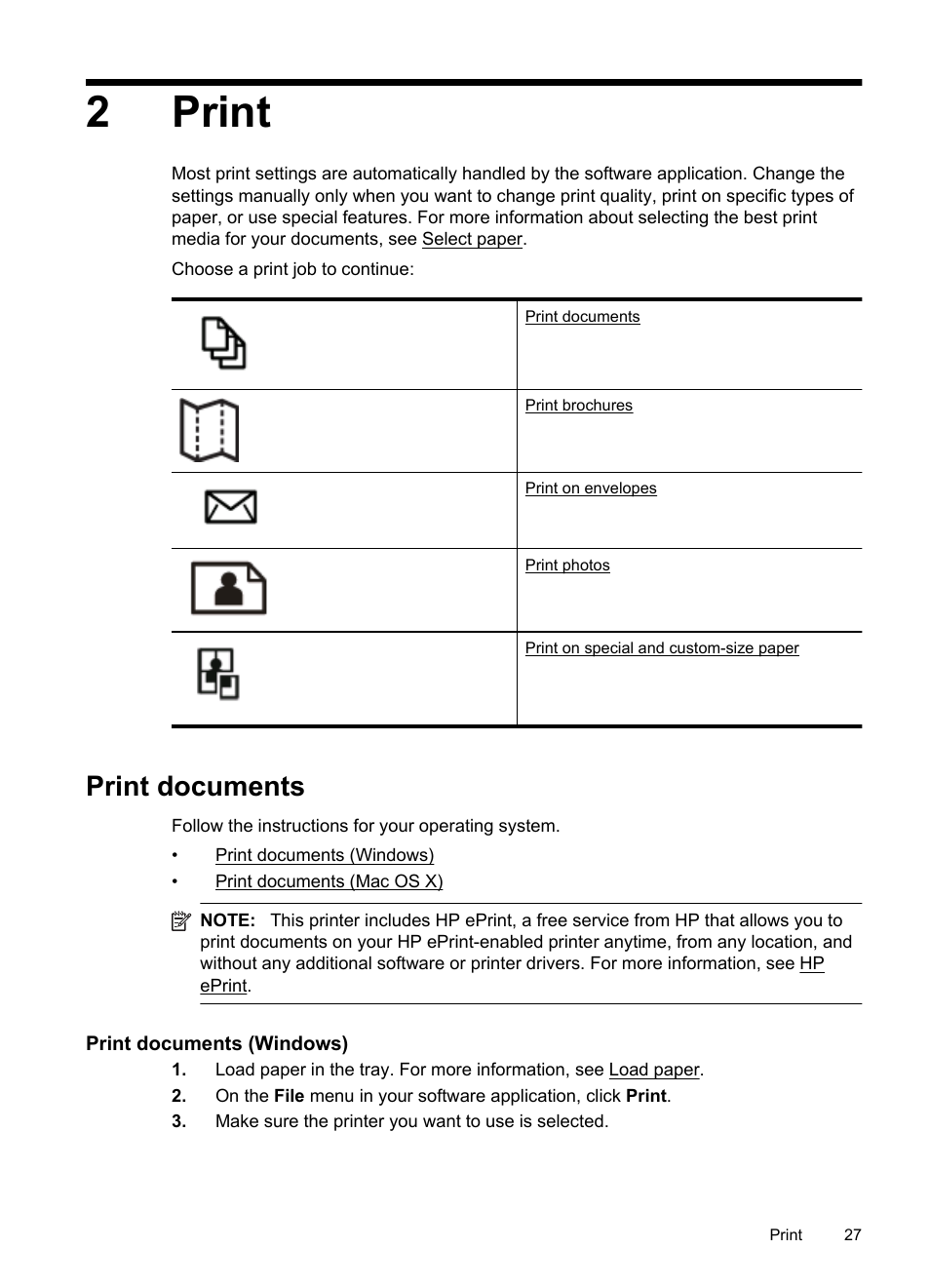 Print, Print documents, Print documents (windows) | 2print | HP Officejet Pro 251dw Printer series User Manual | Page 31 / 150