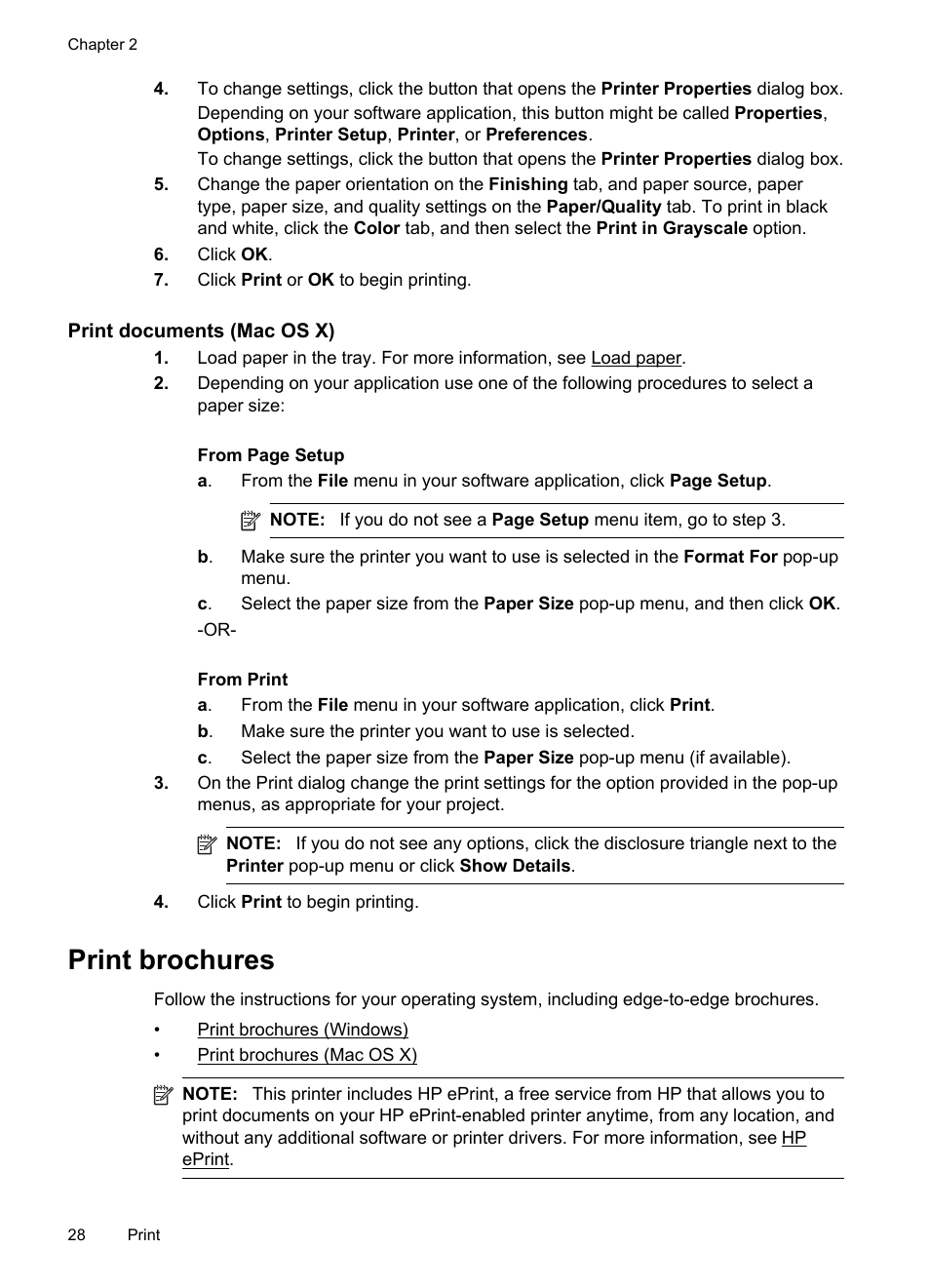 Print documents (mac os x), Print brochures | HP Officejet Pro 251dw Printer series User Manual | Page 32 / 150