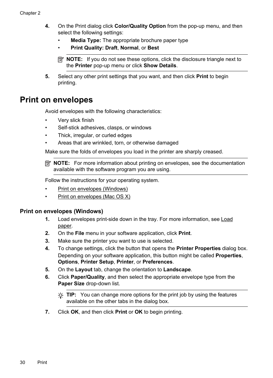 Print on envelopes, Print on envelopes (windows) | HP Officejet Pro 251dw Printer series User Manual | Page 34 / 150