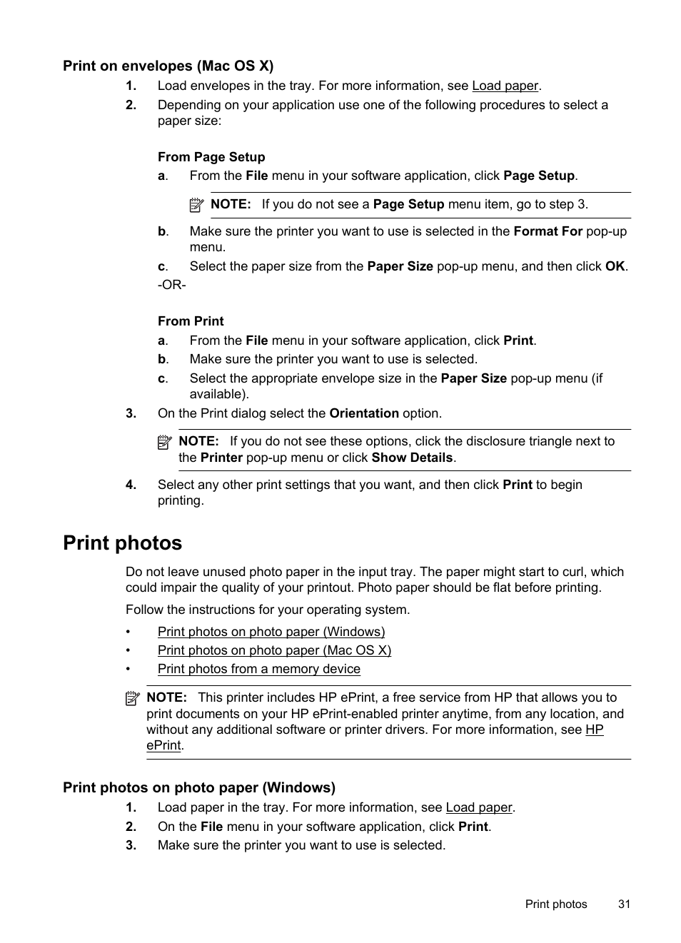 Print on envelopes (mac os x), Print photos, Print photos on photo paper (windows) | HP Officejet Pro 251dw Printer series User Manual | Page 35 / 150