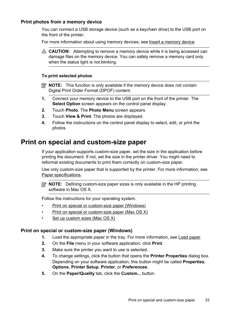 Print photos from a memory device, Print on special and custom-size paper, Print on special or custom-size paper (windows) | HP Officejet Pro 251dw Printer series User Manual | Page 37 / 150