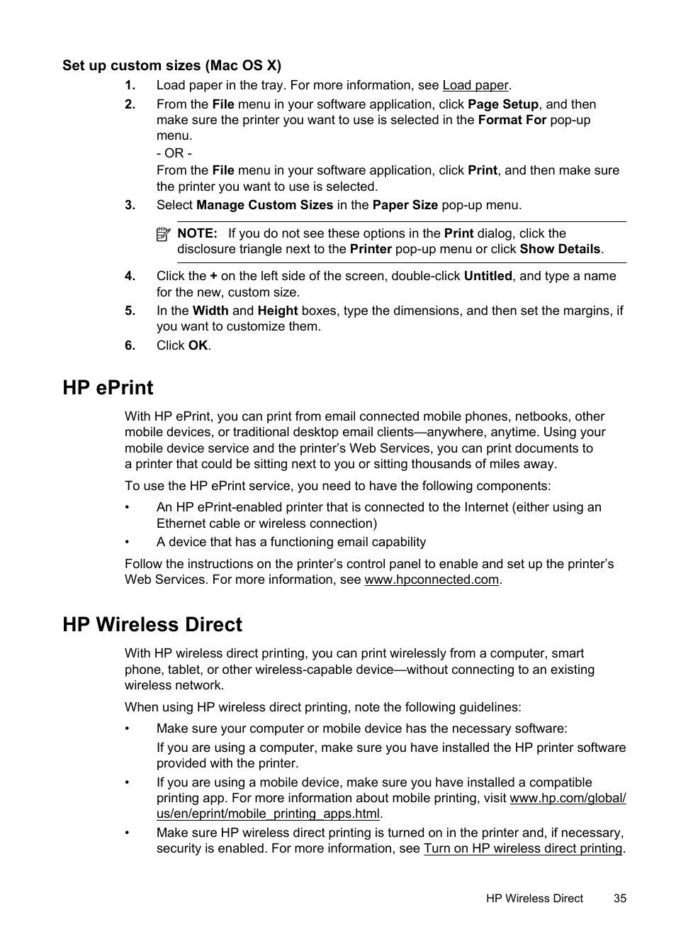 Set up custom sizes (mac os x), Hp eprint, Hp wireless direct | Hp eprint hp wireless direct, See hp eprint | HP Officejet Pro 251dw Printer series User Manual | Page 39 / 150