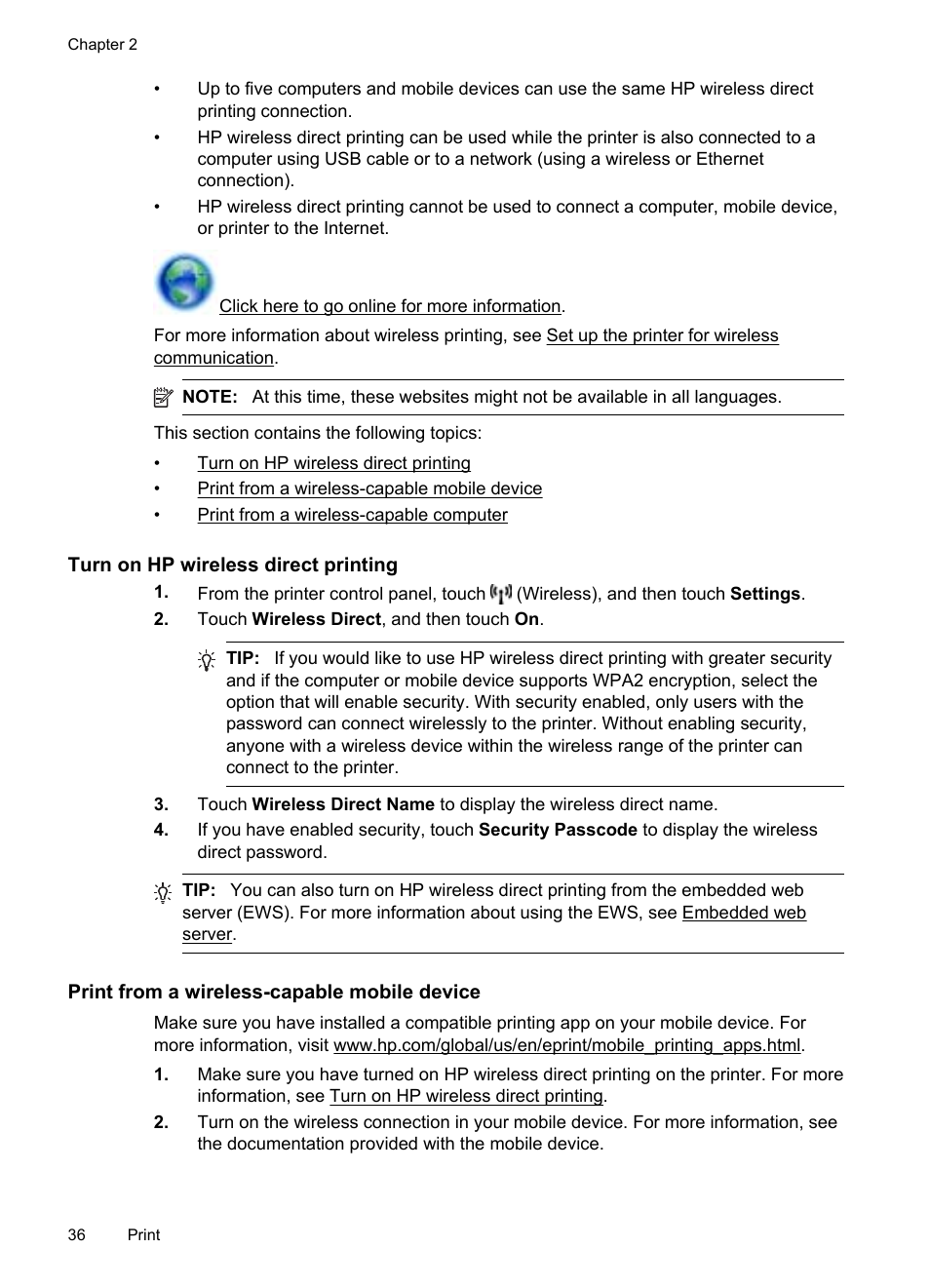 Turn on hp wireless direct printing, Print from a wireless-capable mobile device | HP Officejet Pro 251dw Printer series User Manual | Page 40 / 150