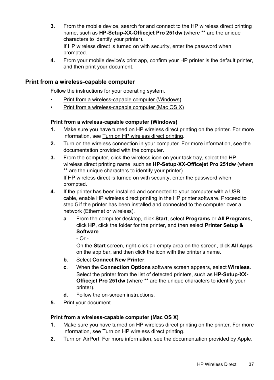 Print from a wireless-capable computer, Print from a wireless-capable computer (windows), Print from a wireless-capable computer (mac os x) | HP Officejet Pro 251dw Printer series User Manual | Page 41 / 150