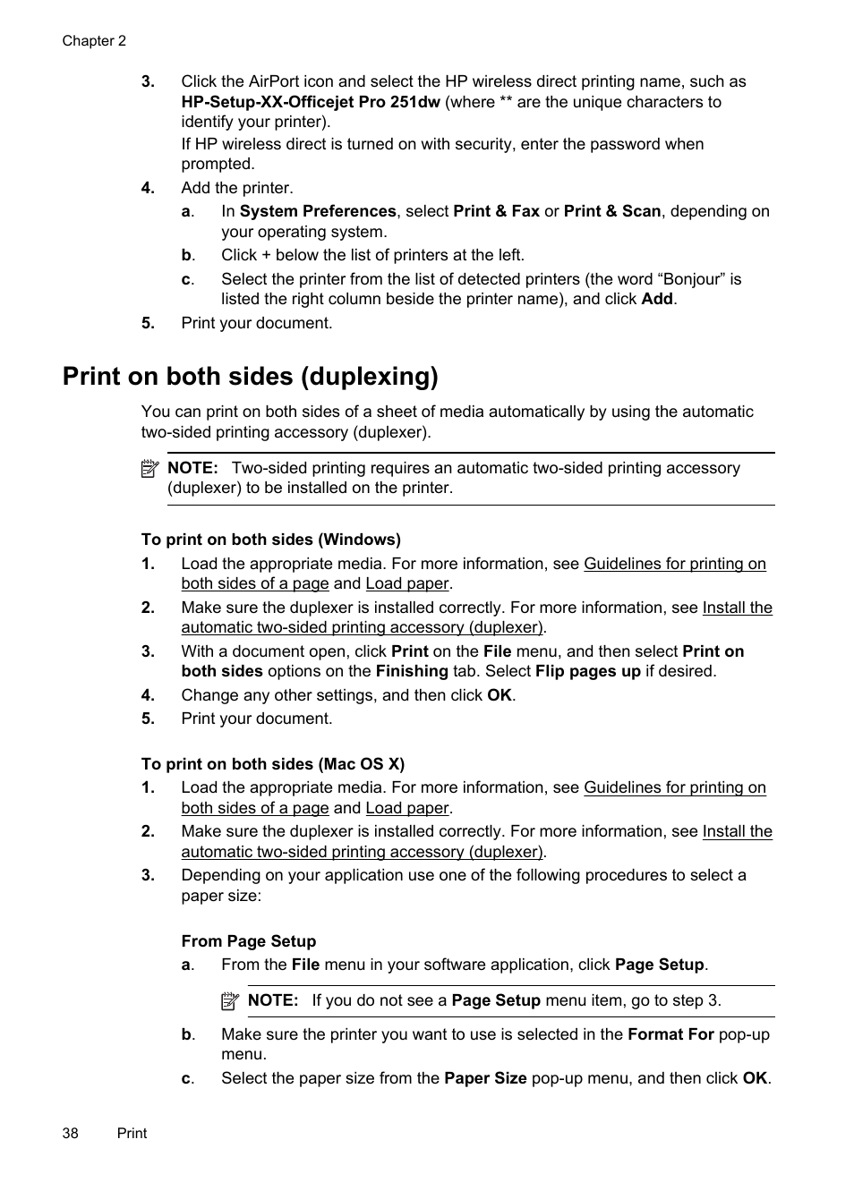 Print on both sides (duplexing), E print on both sides (duplexing) | HP Officejet Pro 251dw Printer series User Manual | Page 42 / 150