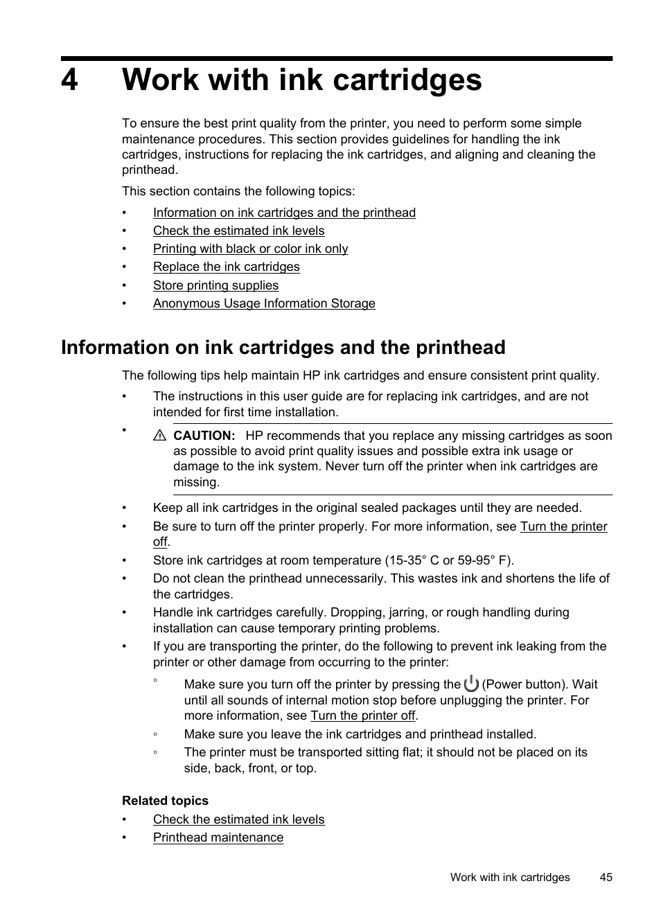 Work with ink cartridges, Information on ink cartridges and the printhead, 4work with ink cartridges | HP Officejet Pro 251dw Printer series User Manual | Page 49 / 150