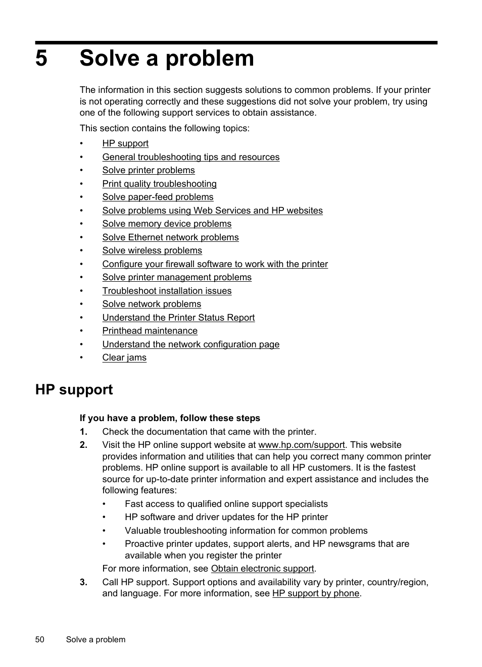 Solve a problem, Hp support, Obtain electronic support hp support by phone | 5solve a problem | HP Officejet Pro 251dw Printer series User Manual | Page 54 / 150