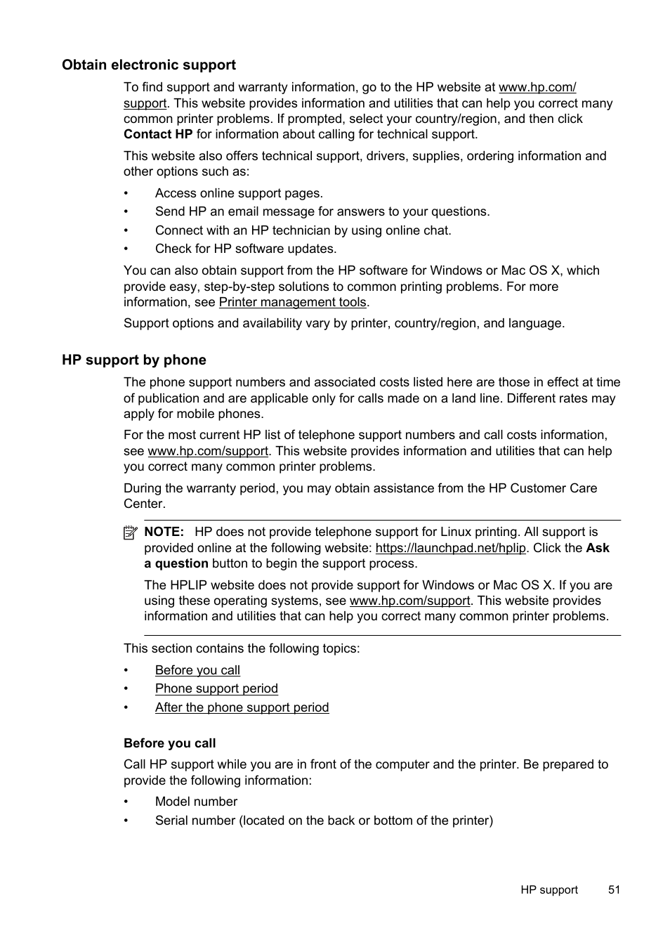 Obtain electronic support, Hp support by phone, Before you call | E hp support by phone | HP Officejet Pro 251dw Printer series User Manual | Page 55 / 150