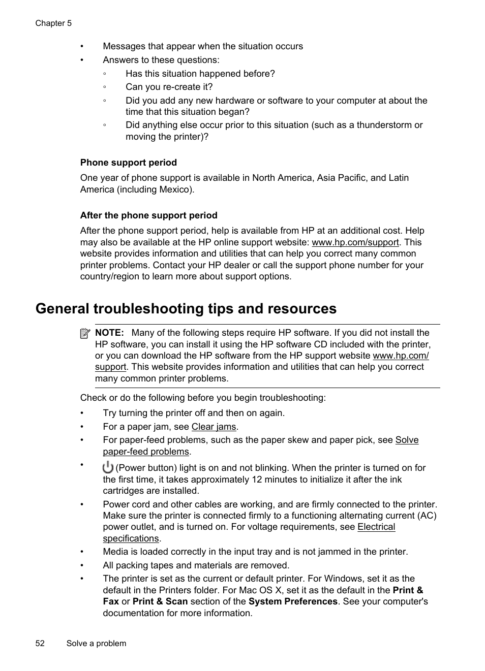 Phone support period, After the phone support period, General troubleshooting tips and resources | HP Officejet Pro 251dw Printer series User Manual | Page 56 / 150