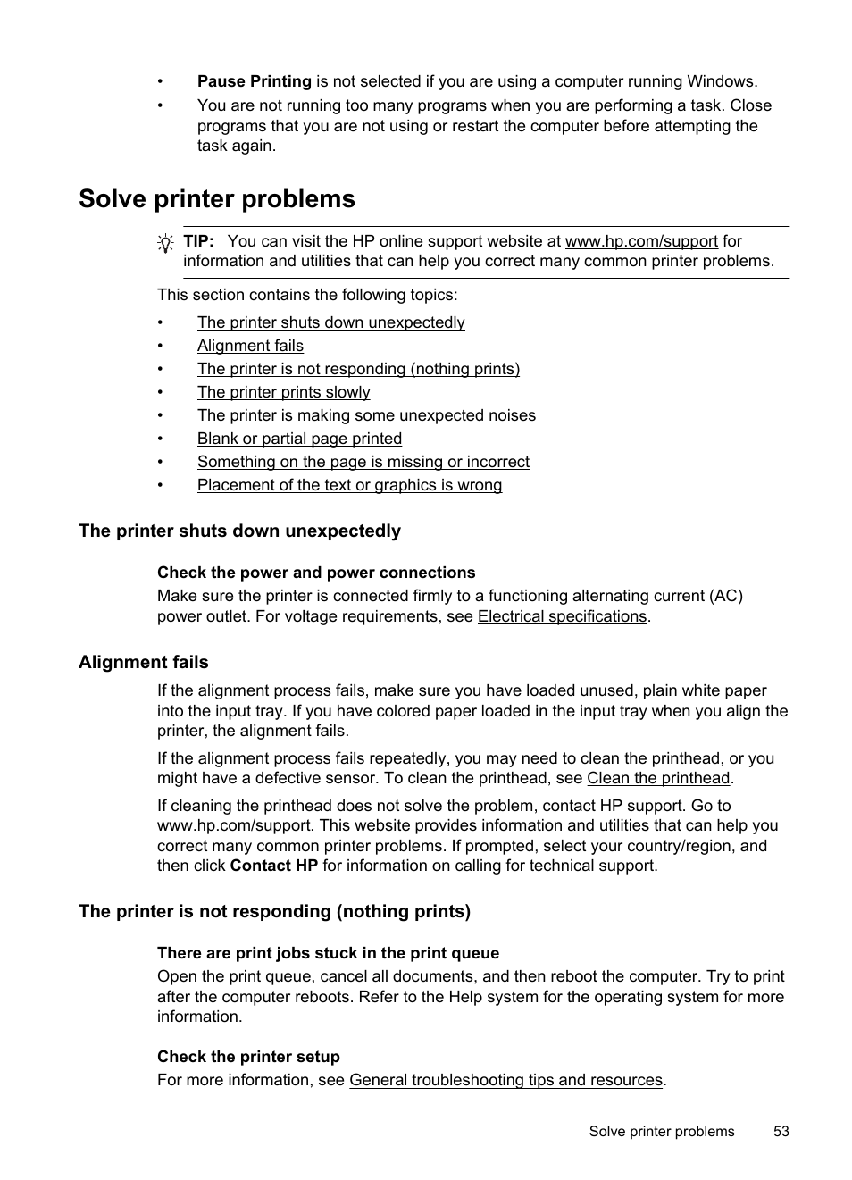 Solve printer problems, The printer shuts down unexpectedly, Alignment fails | The printer is not responding (nothing prints), He printer prints slowly | HP Officejet Pro 251dw Printer series User Manual | Page 57 / 150