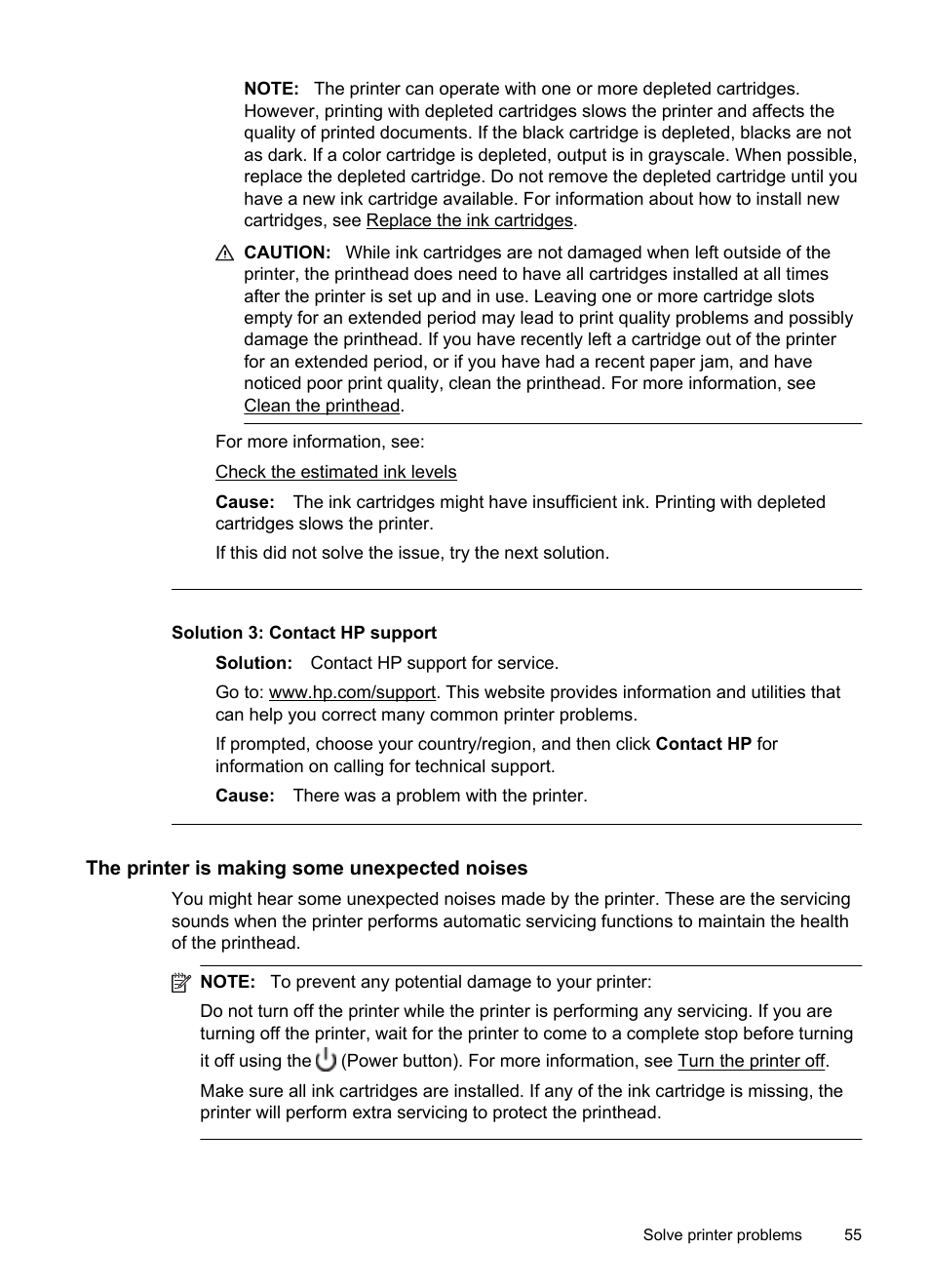 The printer is making some unexpected noises, Solution 3: contact hp support | HP Officejet Pro 251dw Printer series User Manual | Page 59 / 150