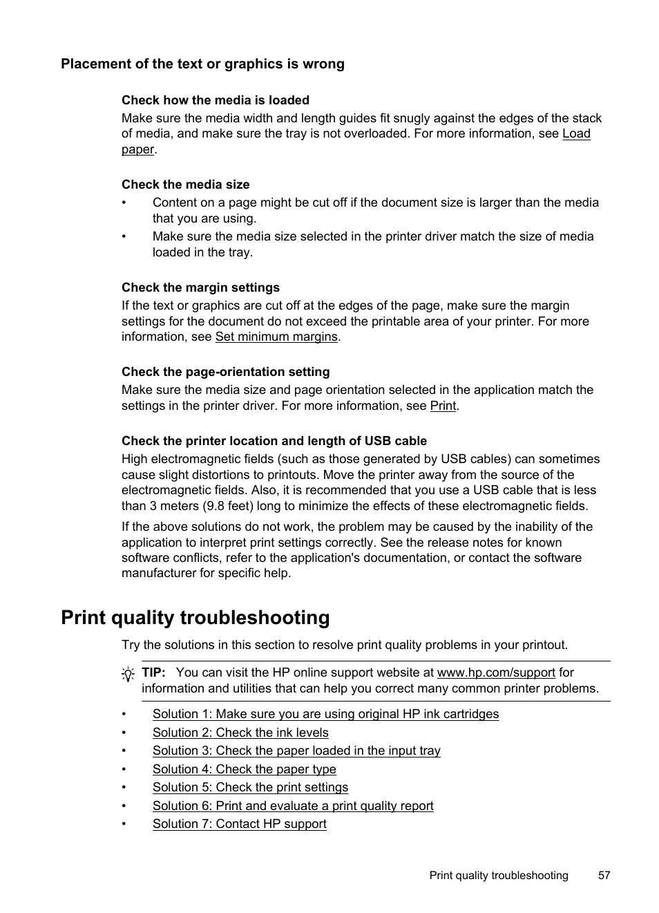 Placement of the text or graphics is wrong, Print quality troubleshooting, See print quality troubleshooting | HP Officejet Pro 251dw Printer series User Manual | Page 61 / 150