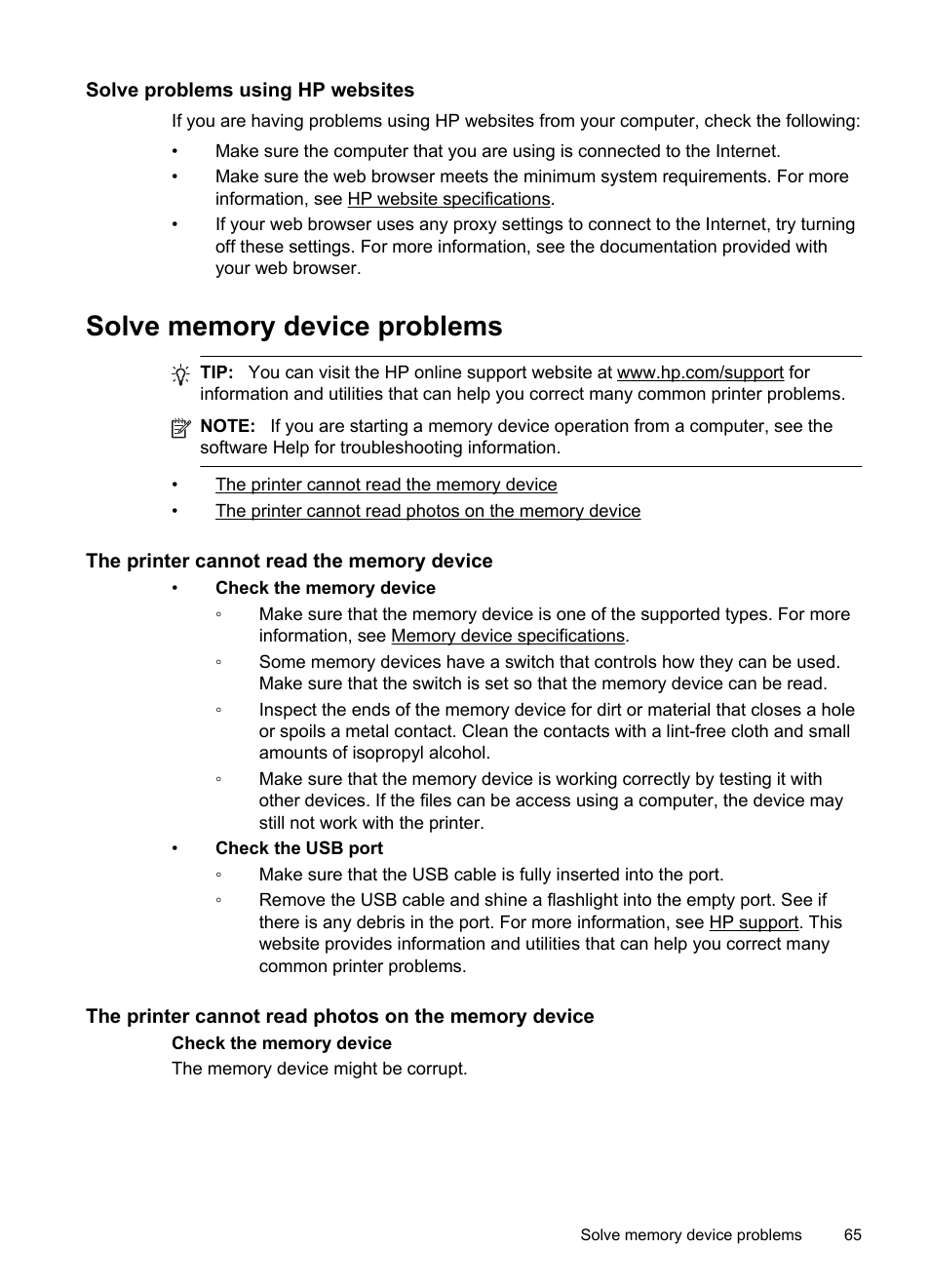 Solve problems using hp websites, Solve memory device problems, The printer cannot read the memory device | HP Officejet Pro 251dw Printer series User Manual | Page 69 / 150