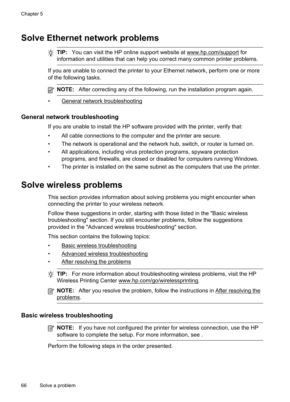 Solve ethernet network problems, General network troubleshooting, Solve wireless problems | Basic wireless troubleshooting, Advanced wireless troubleshooting, After resolving the problems | HP Officejet Pro 251dw Printer series User Manual | Page 70 / 150