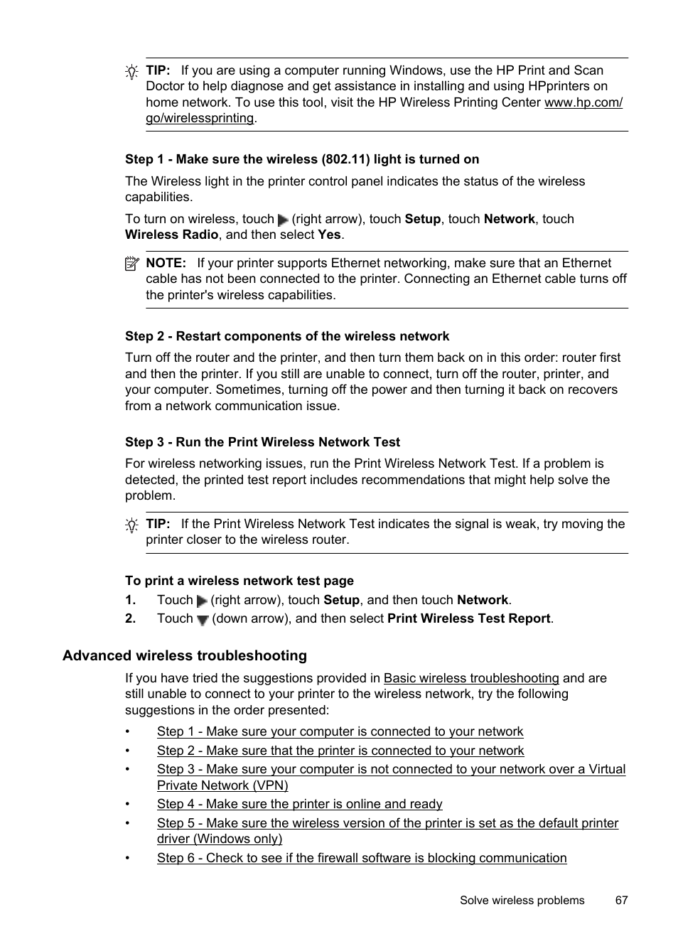 Step 3 - run the print wireless network test, Advanced wireless troubleshooting | HP Officejet Pro 251dw Printer series User Manual | Page 71 / 150