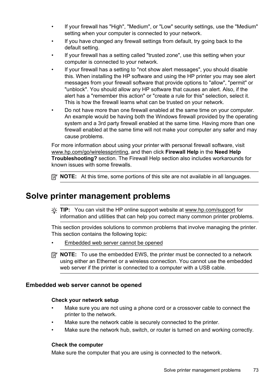 Solve printer management problems, Embedded web server cannot be opened | HP Officejet Pro 251dw Printer series User Manual | Page 77 / 150