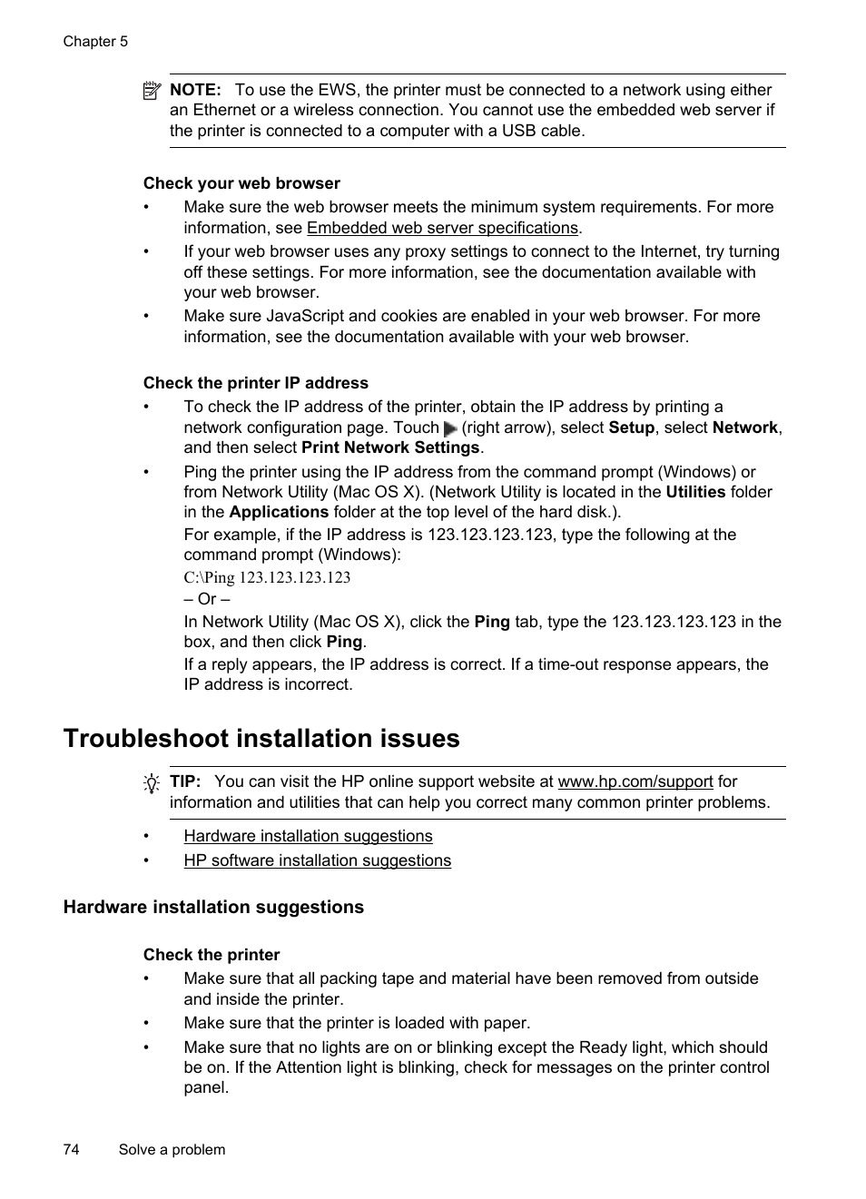 Troubleshoot installation issues, Hardware installation suggestions | HP Officejet Pro 251dw Printer series User Manual | Page 78 / 150