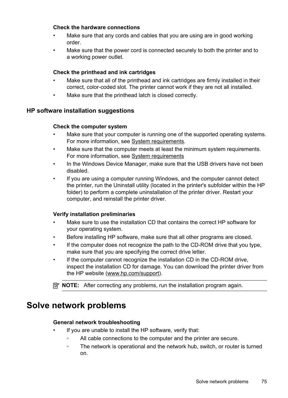 Hp software installation suggestions, Solve network problems | HP Officejet Pro 251dw Printer series User Manual | Page 79 / 150