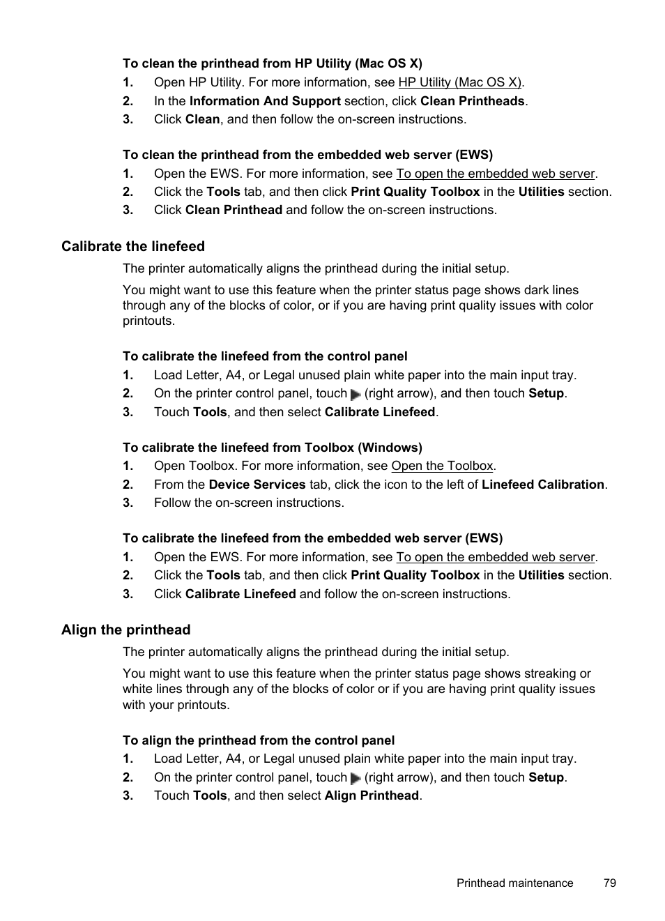 Calibrate the linefeed, Align the printhead | HP Officejet Pro 251dw Printer series User Manual | Page 83 / 150