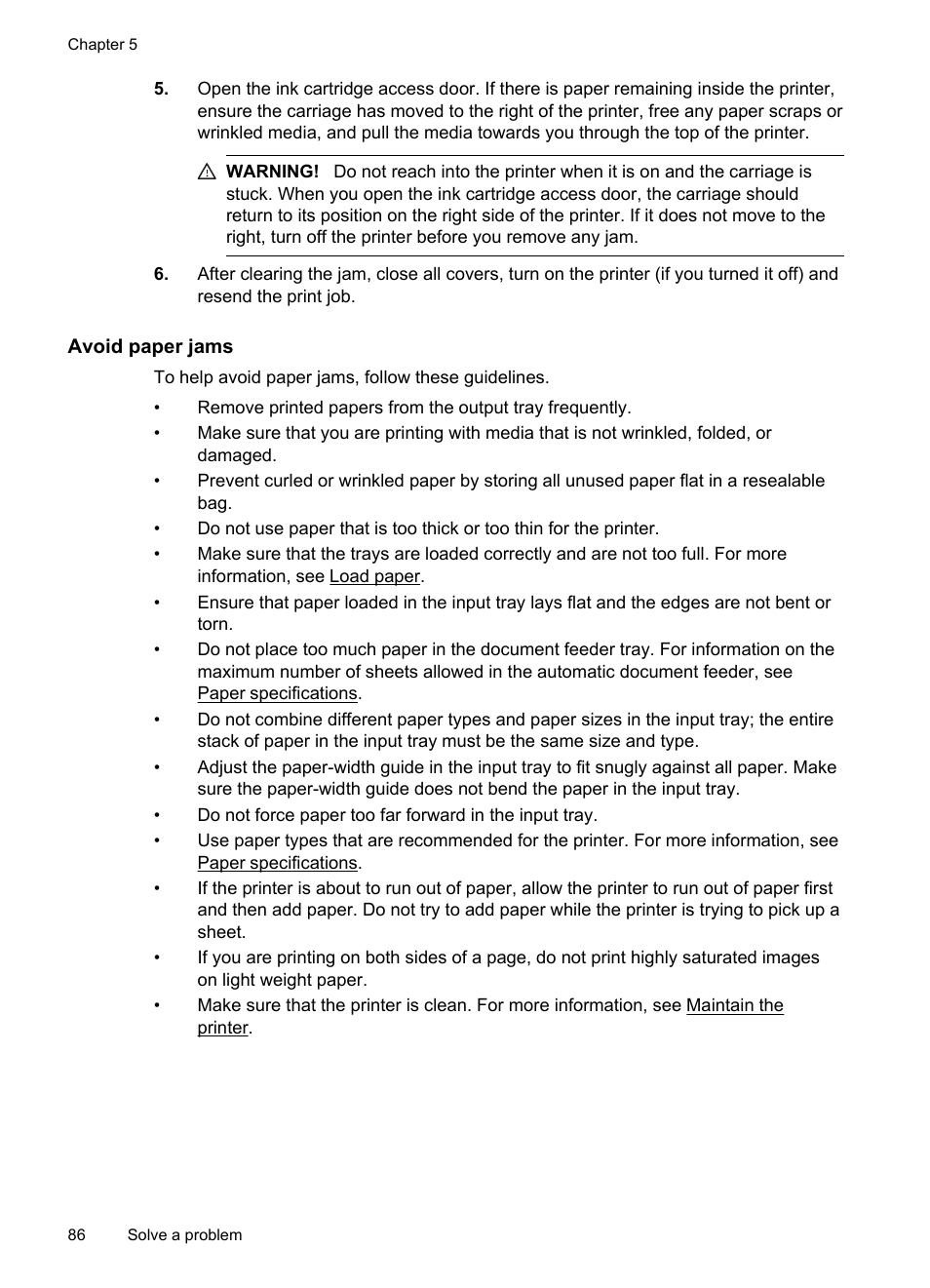 Avoid paper jams | HP Officejet Pro 251dw Printer series User Manual | Page 90 / 150