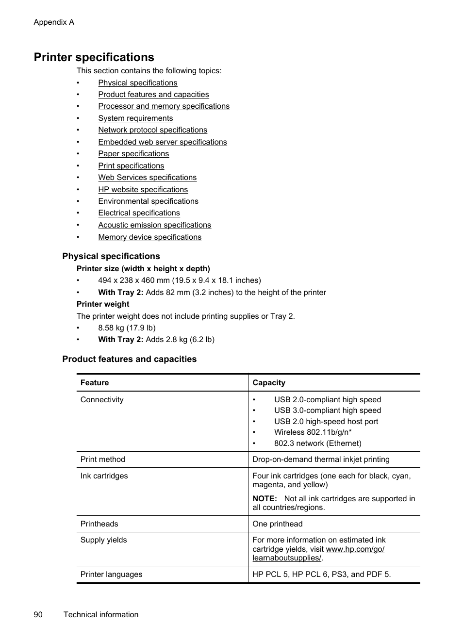 Printer specifications, Physical specifications, Product features and capacities | Print specifications web services specifications, Hp eprint printer apps, Memory card specifications usb flash drives | HP Officejet Pro 251dw Printer series User Manual | Page 94 / 150