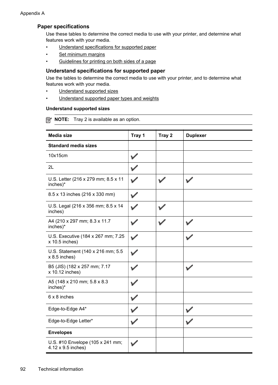 Paper specifications, Understand specifications for supported paper, E paper specifications | HP Officejet Pro 251dw Printer series User Manual | Page 96 / 150