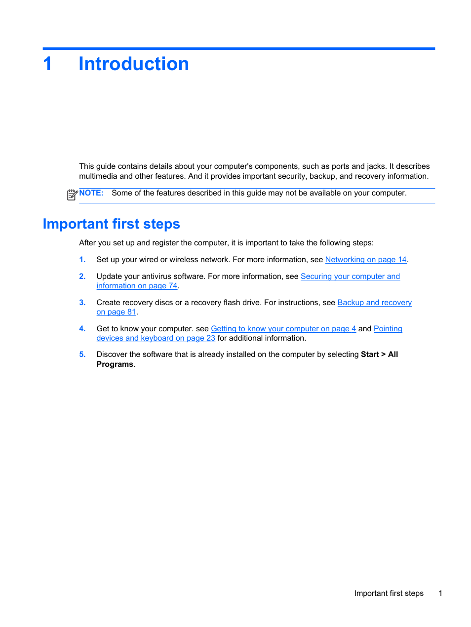 Introduction, Important first steps, 1 introduction | 1introduction | HP Pavilion dm4-3170se Beats Edition Entertainment Notebook PC User Manual | Page 11 / 121