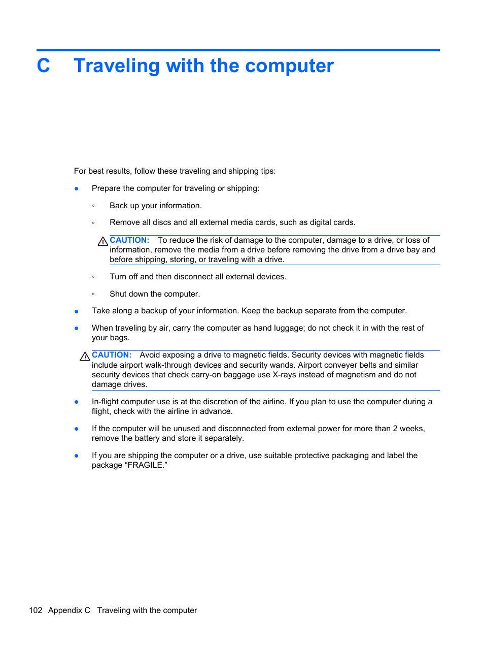 Traveling with the computer, Appendix c traveling with the computer, Ctraveling with the computer | HP Pavilion dm4-3170se Beats Edition Entertainment Notebook PC User Manual | Page 112 / 121