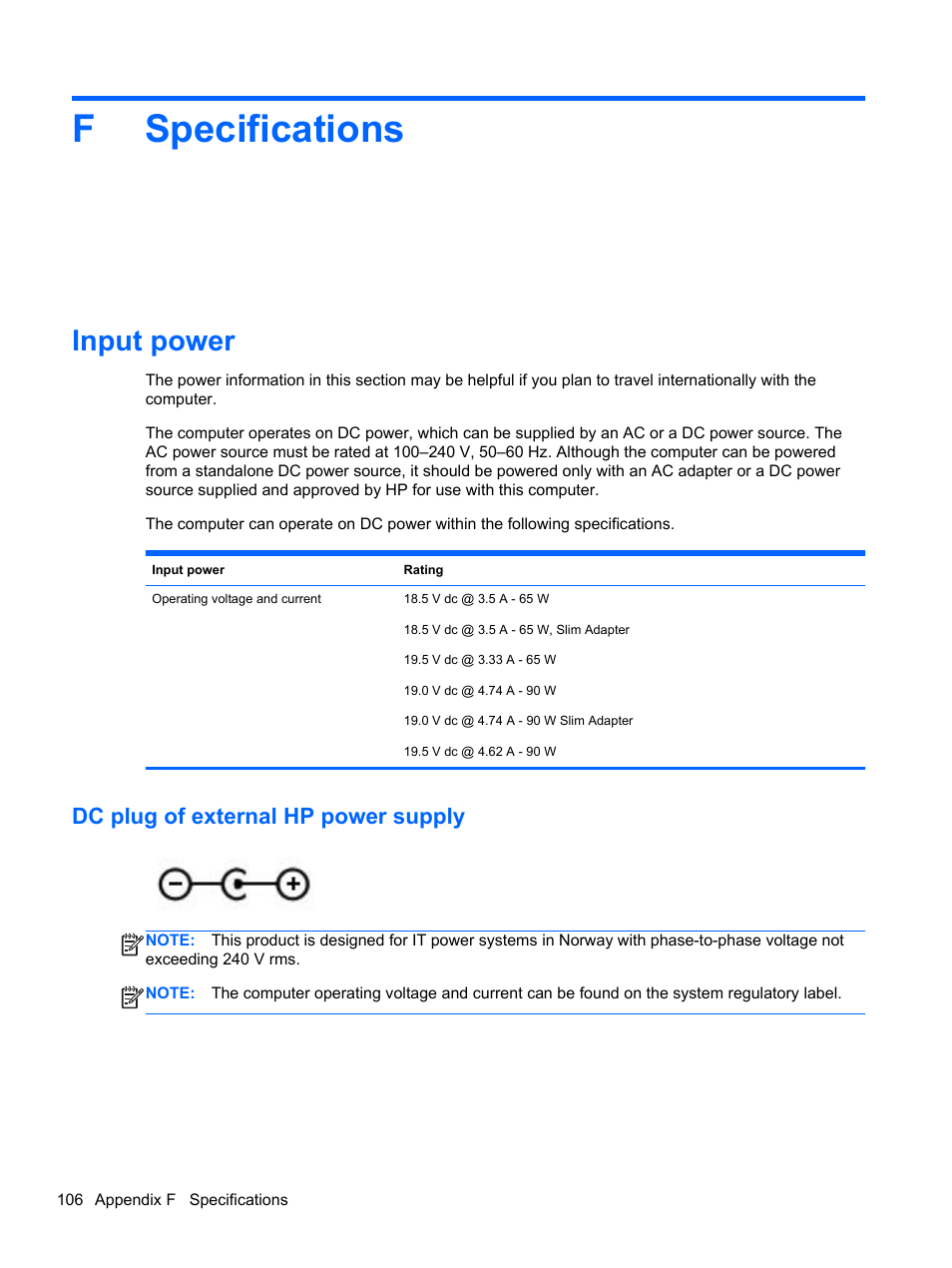 Specifications, Input power, Dc plug of external hp power supply | Appendix f specifications, Fspecifications | HP Pavilion dm4-3170se Beats Edition Entertainment Notebook PC User Manual | Page 116 / 121