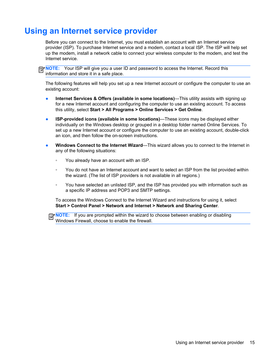 Using an internet service provider | HP Pavilion dm4-3170se Beats Edition Entertainment Notebook PC User Manual | Page 25 / 121