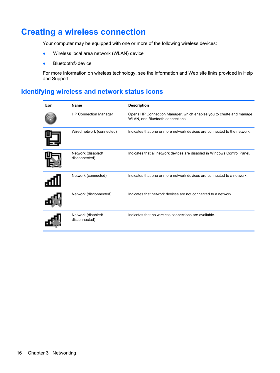 Creating a wireless connection, Identifying wireless and network status icons | HP Pavilion dm4-3170se Beats Edition Entertainment Notebook PC User Manual | Page 26 / 121
