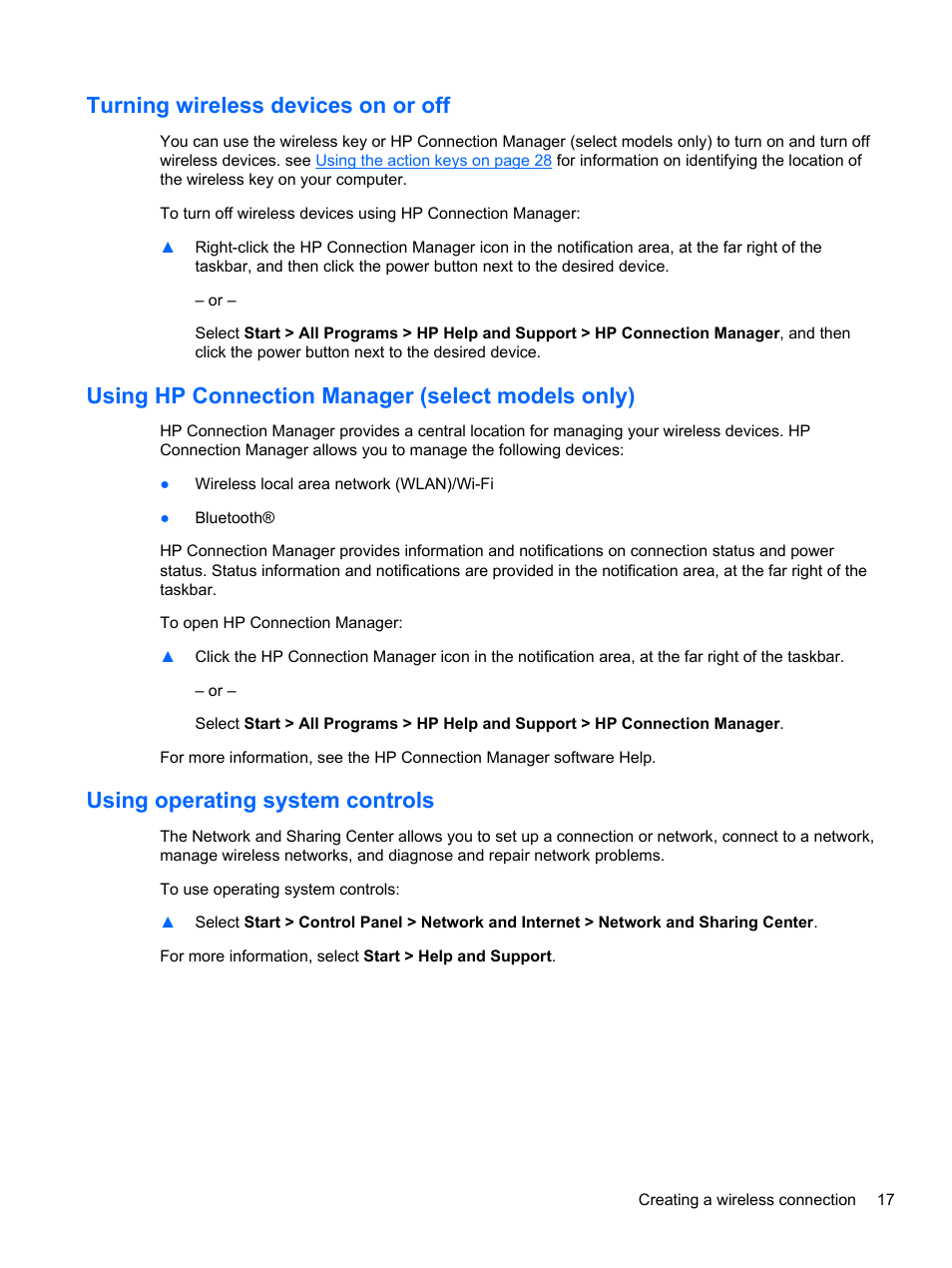 Turning wireless devices on or off, Using hp connection manager (select models only), Using operating system controls | HP Pavilion dm4-3170se Beats Edition Entertainment Notebook PC User Manual | Page 27 / 121