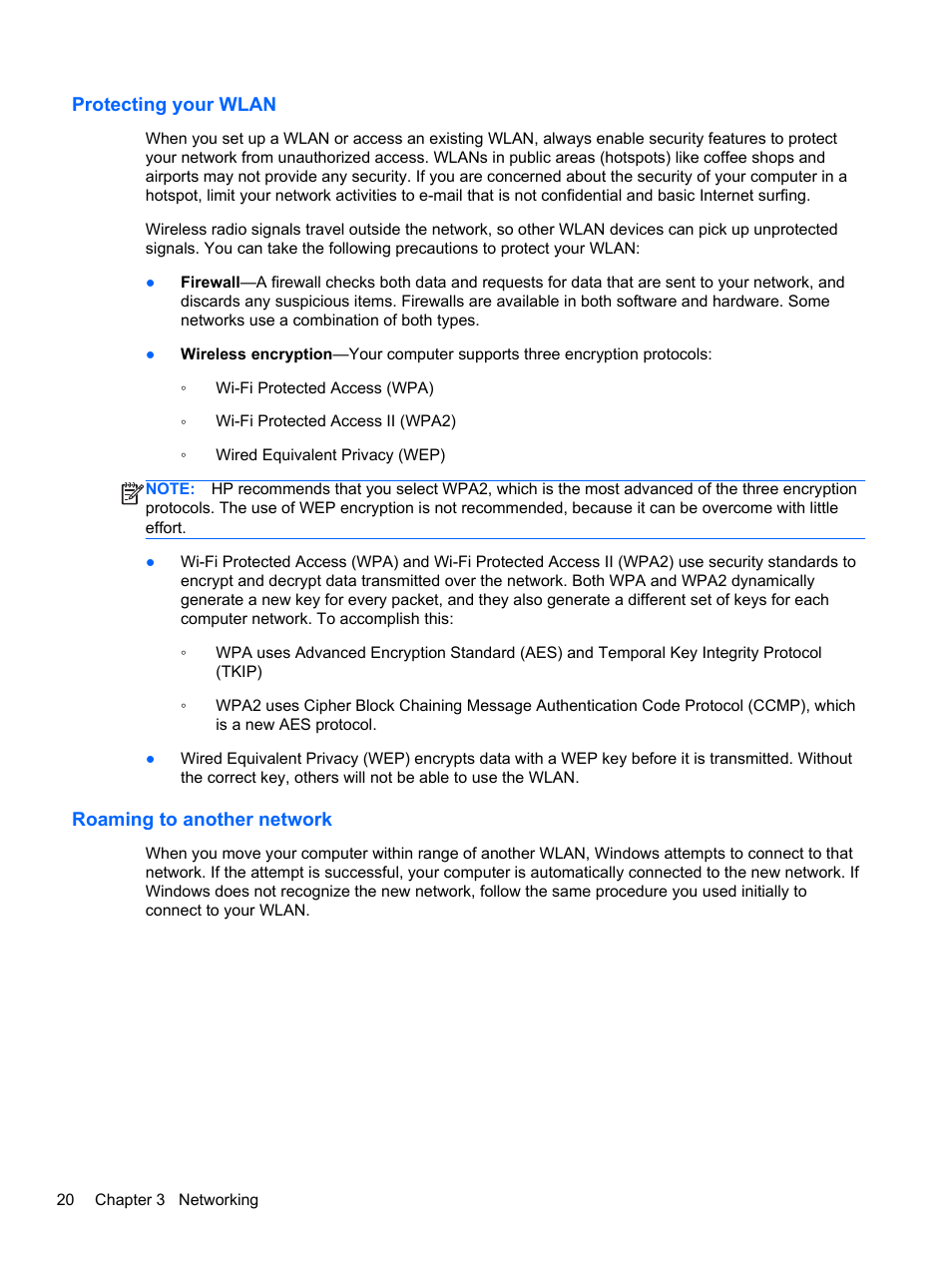 Protecting your wlan, Roaming to another network, Protecting your wlan roaming to another network | HP Pavilion dm4-3170se Beats Edition Entertainment Notebook PC User Manual | Page 30 / 121
