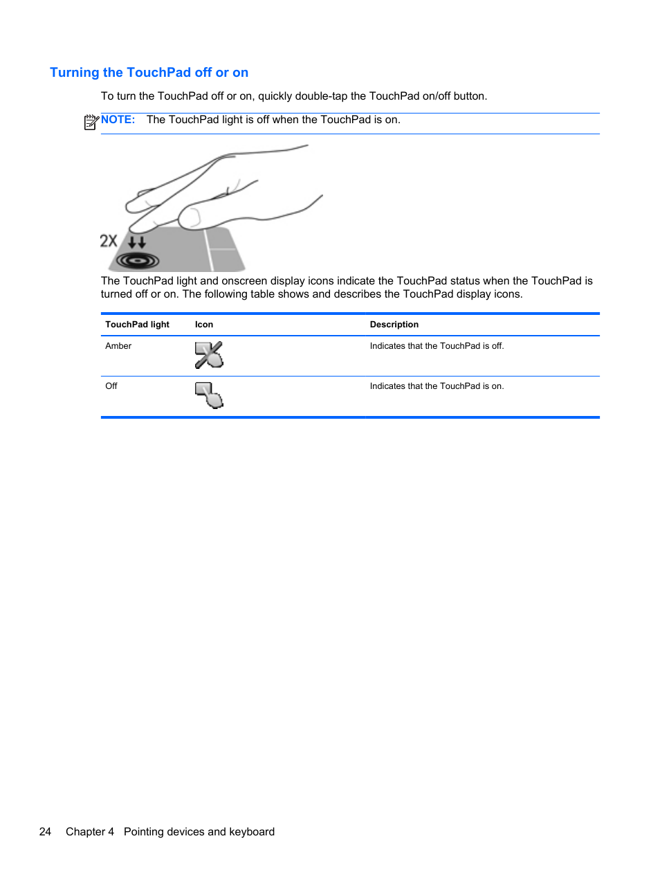 Turning the touchpad off or on | HP Pavilion dm4-3170se Beats Edition Entertainment Notebook PC User Manual | Page 34 / 121