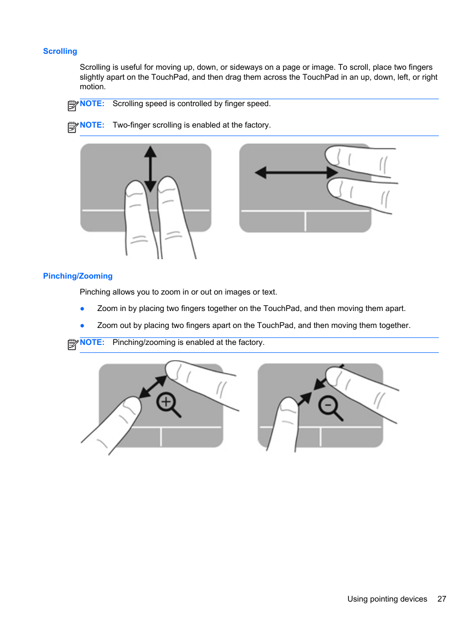 Scrolling, Pinching/zooming, Scrolling pinching/zooming | HP Pavilion dm4-3170se Beats Edition Entertainment Notebook PC User Manual | Page 37 / 121