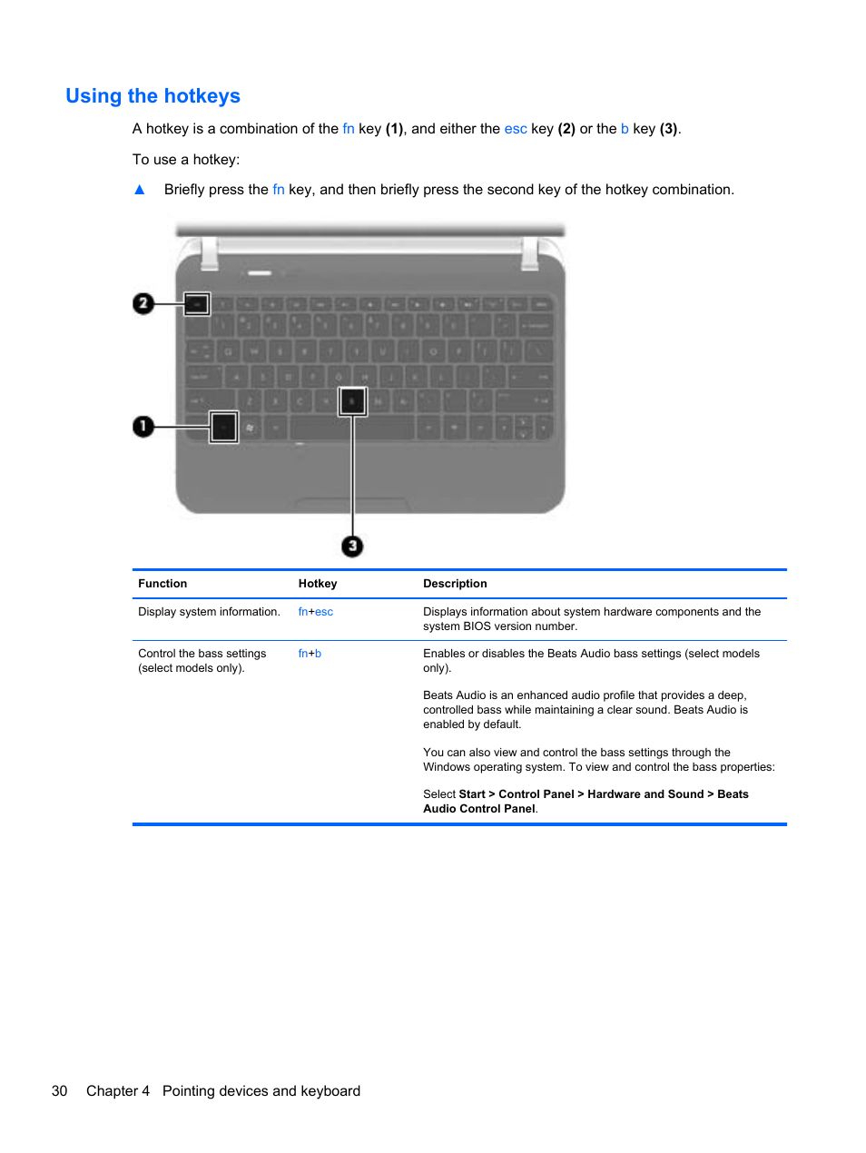 Using the hotkeys | HP Pavilion dm4-3170se Beats Edition Entertainment Notebook PC User Manual | Page 40 / 121