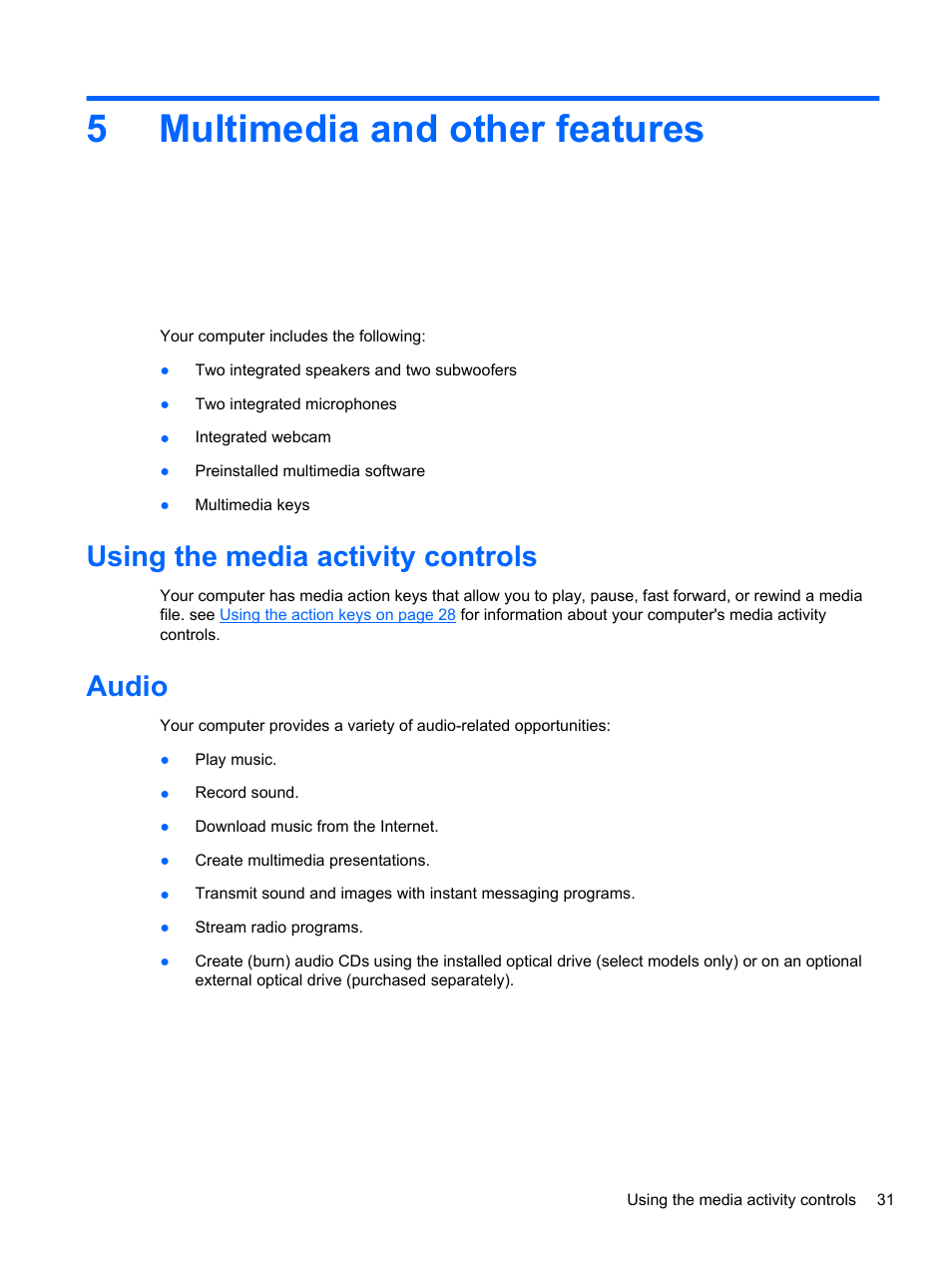 Multimedia and other features, Using the media activity controls, Audio | 5 multimedia and other features, Using the media activity controls audio, 5multimedia and other features | HP Pavilion dm4-3170se Beats Edition Entertainment Notebook PC User Manual | Page 41 / 121
