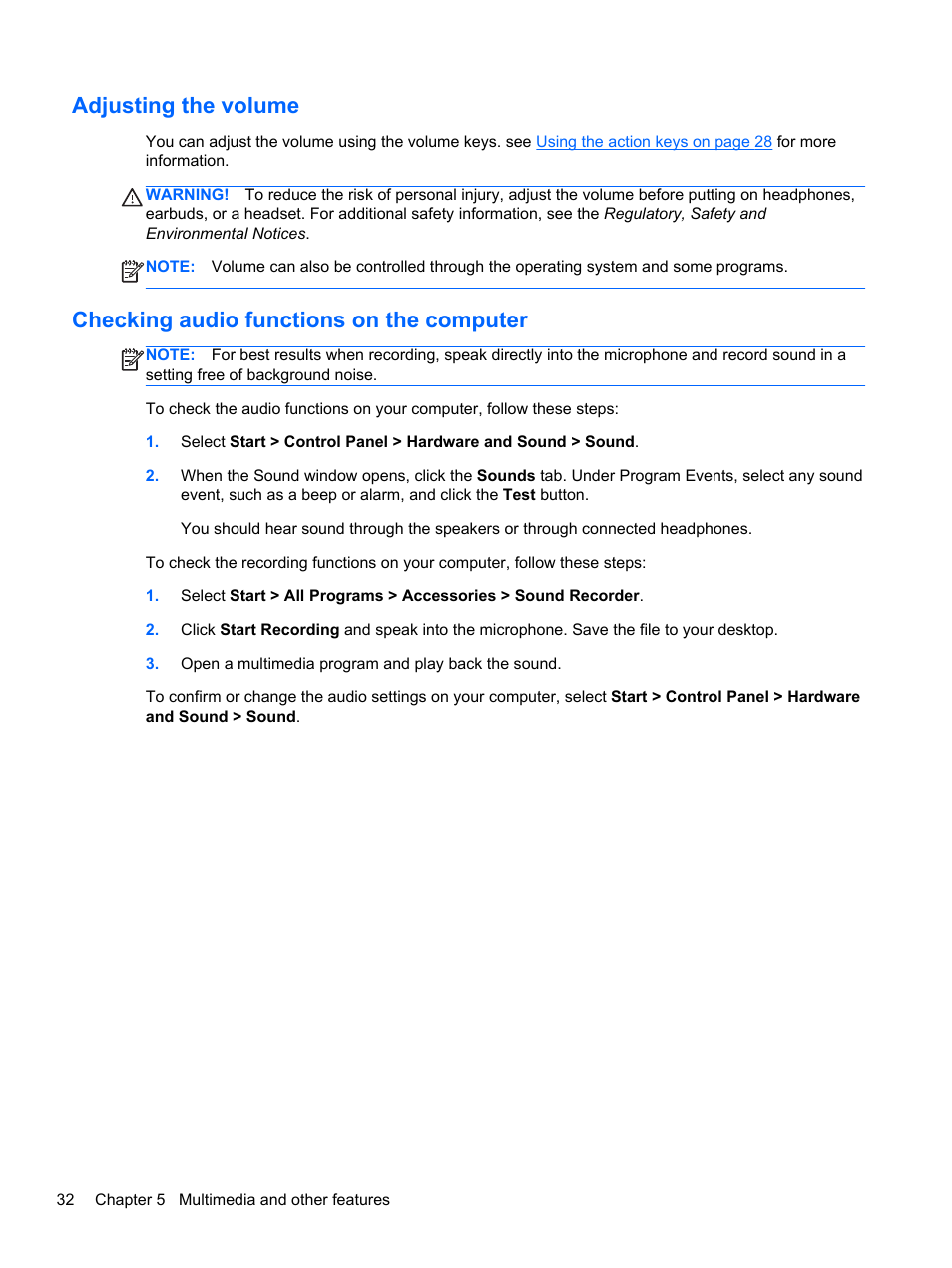 Adjusting the volume, Checking audio functions on the computer | HP Pavilion dm4-3170se Beats Edition Entertainment Notebook PC User Manual | Page 42 / 121