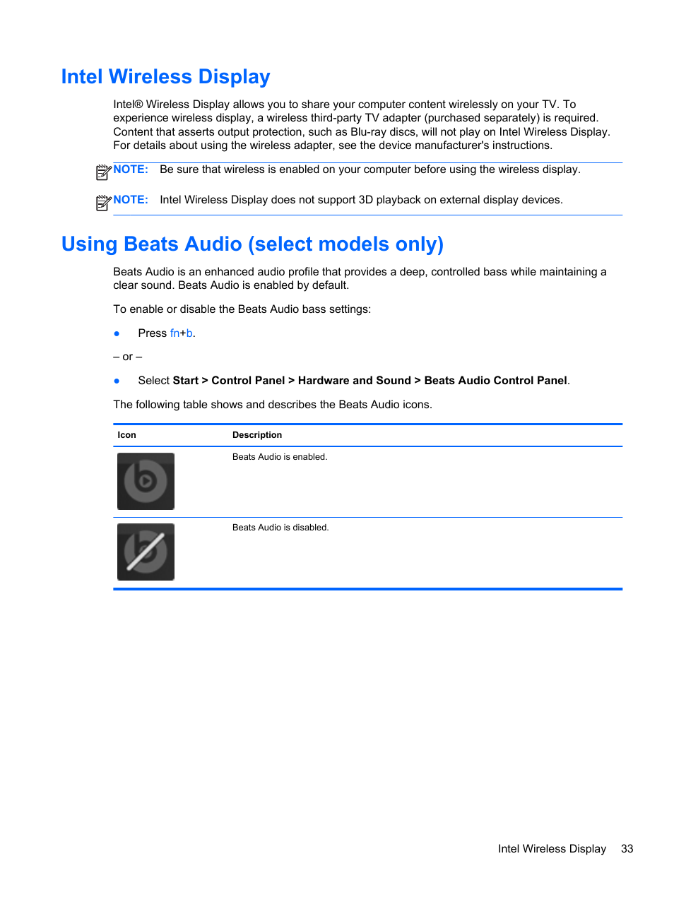 Intel wireless display, Using beats audio (select models only) | HP Pavilion dm4-3170se Beats Edition Entertainment Notebook PC User Manual | Page 43 / 121