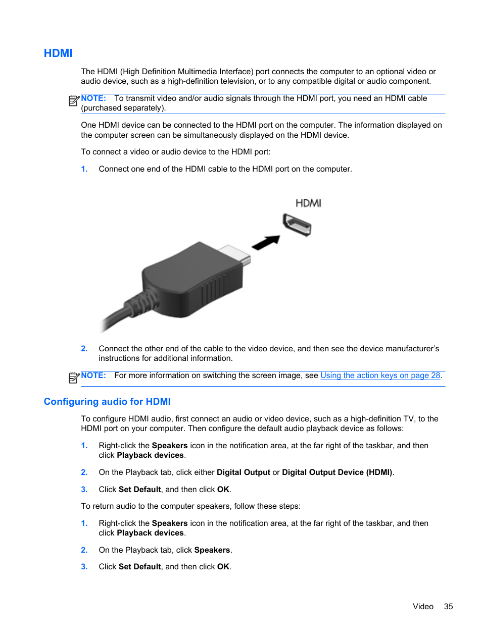 Hdmi, Configuring audio for hdmi | HP Pavilion dm4-3170se Beats Edition Entertainment Notebook PC User Manual | Page 45 / 121