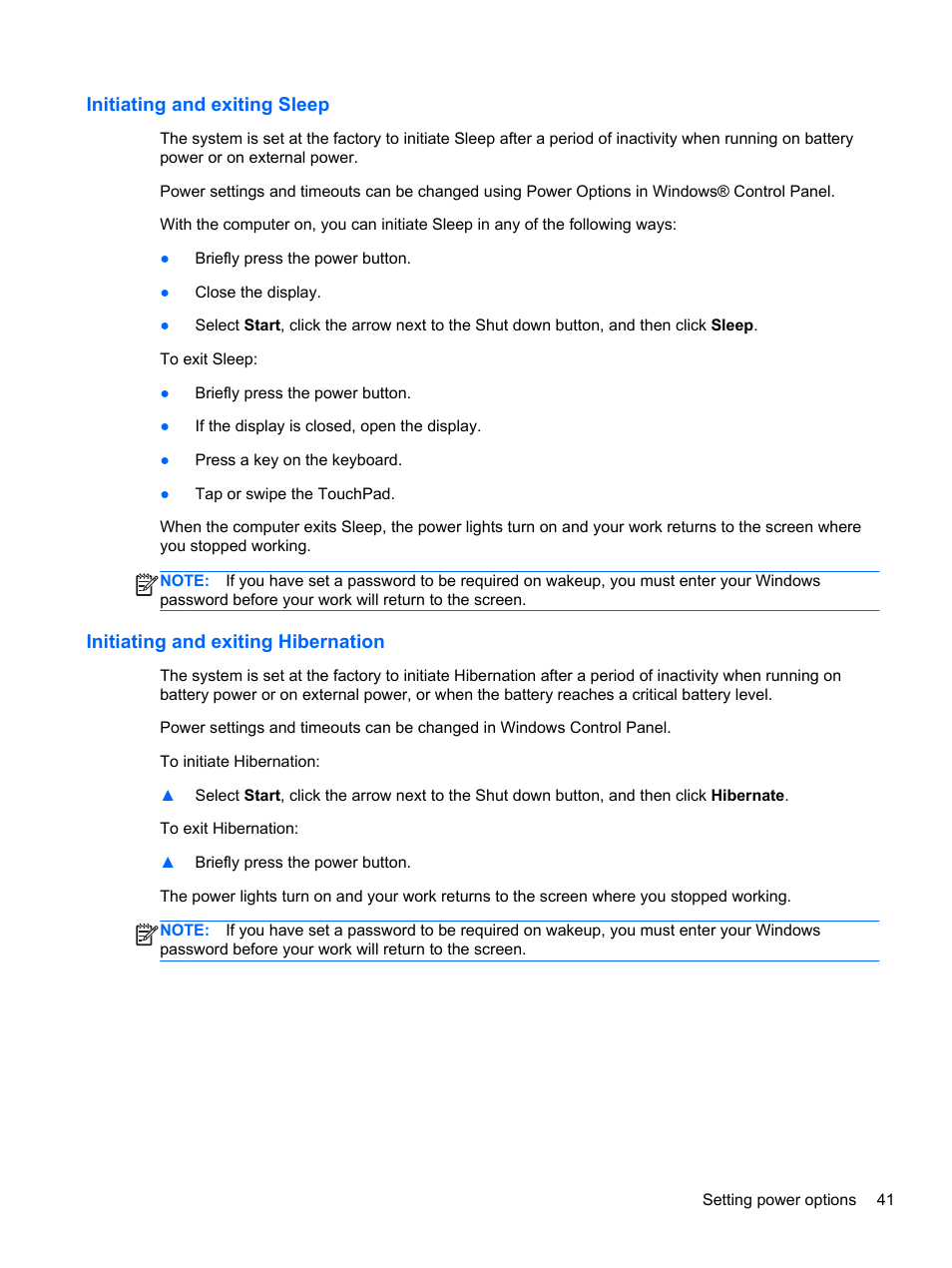 Initiating and exiting sleep, Initiating and exiting hibernation | HP Pavilion dm4-3170se Beats Edition Entertainment Notebook PC User Manual | Page 51 / 121