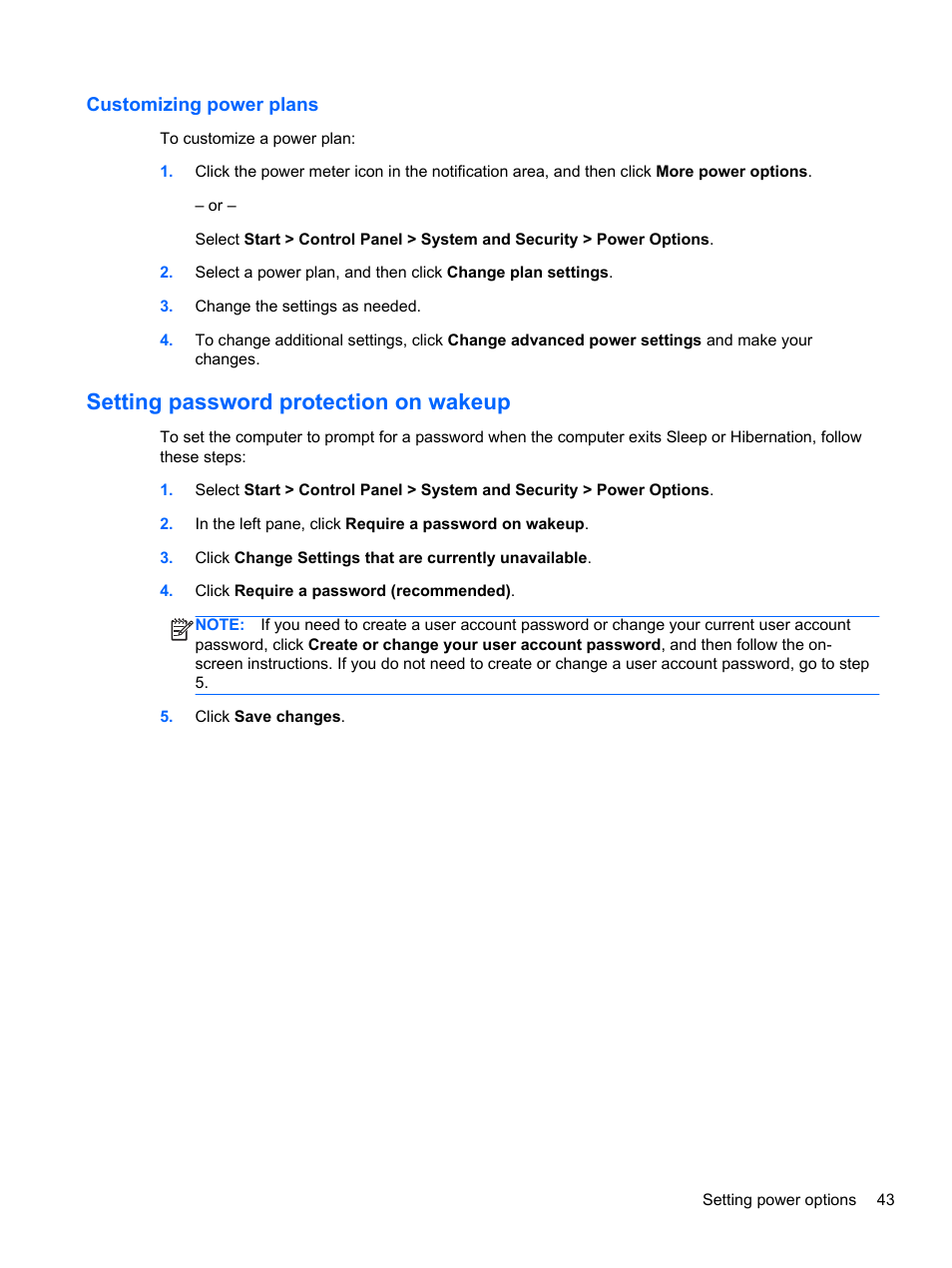 Customizing power plans, Setting password protection on wakeup | HP Pavilion dm4-3170se Beats Edition Entertainment Notebook PC User Manual | Page 53 / 121