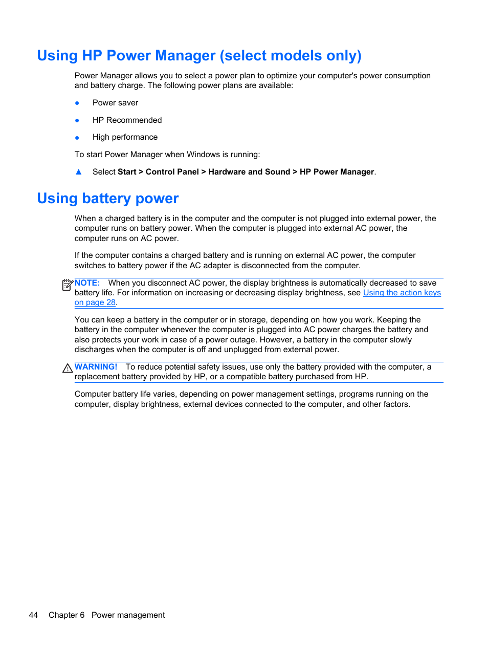 Using hp power manager (select models only), Using battery power | HP Pavilion dm4-3170se Beats Edition Entertainment Notebook PC User Manual | Page 54 / 121