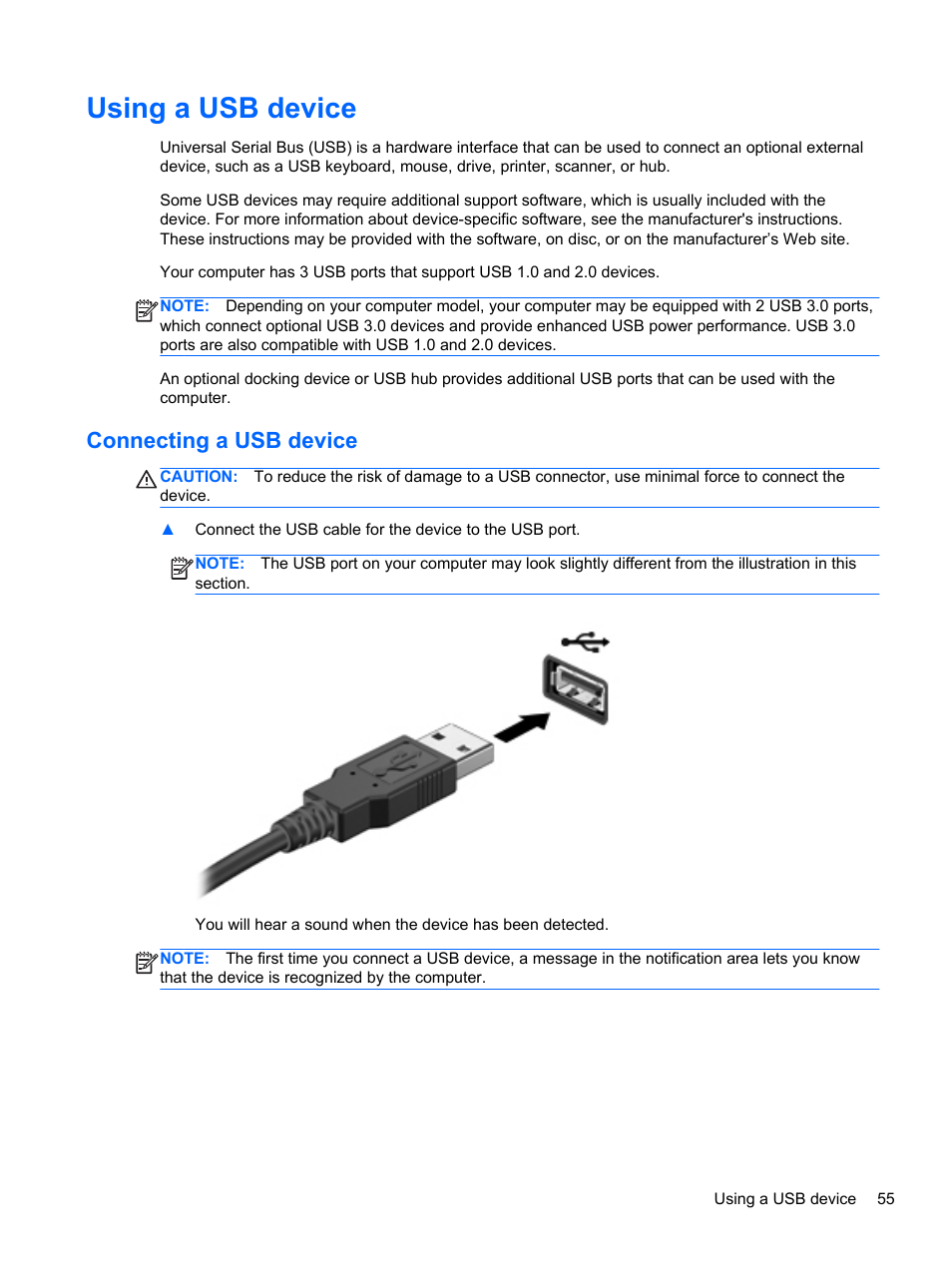 Using a usb device, Connecting a usb device | HP Pavilion dm4-3170se Beats Edition Entertainment Notebook PC User Manual | Page 65 / 121