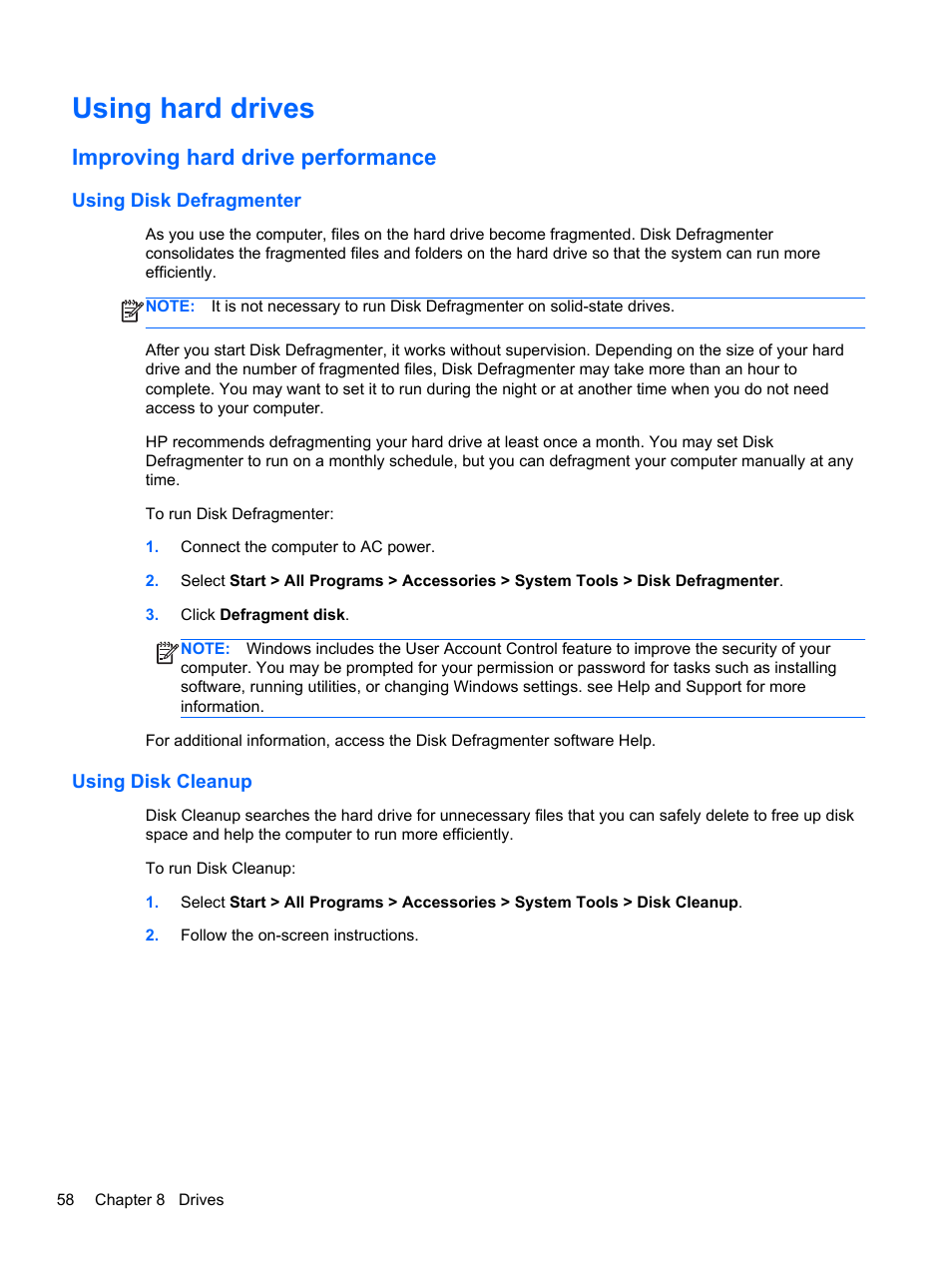 Using hard drives, Improving hard drive performance, Using disk defragmenter | Using disk cleanup, Using disk defragmenter using disk cleanup | HP Pavilion dm4-3170se Beats Edition Entertainment Notebook PC User Manual | Page 68 / 121