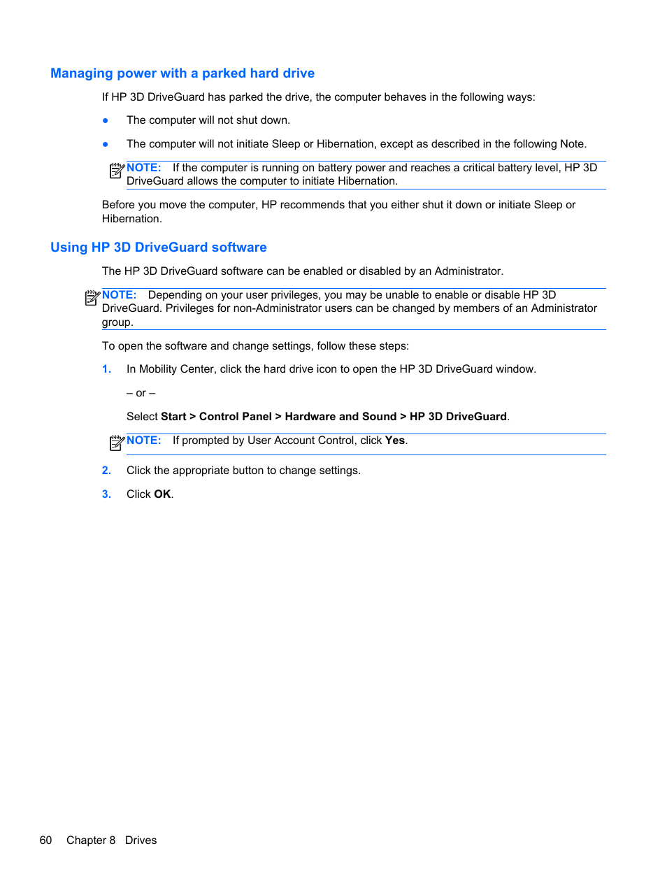 Managing power with a parked hard drive, Using hp 3d driveguard software | HP Pavilion dm4-3170se Beats Edition Entertainment Notebook PC User Manual | Page 70 / 121